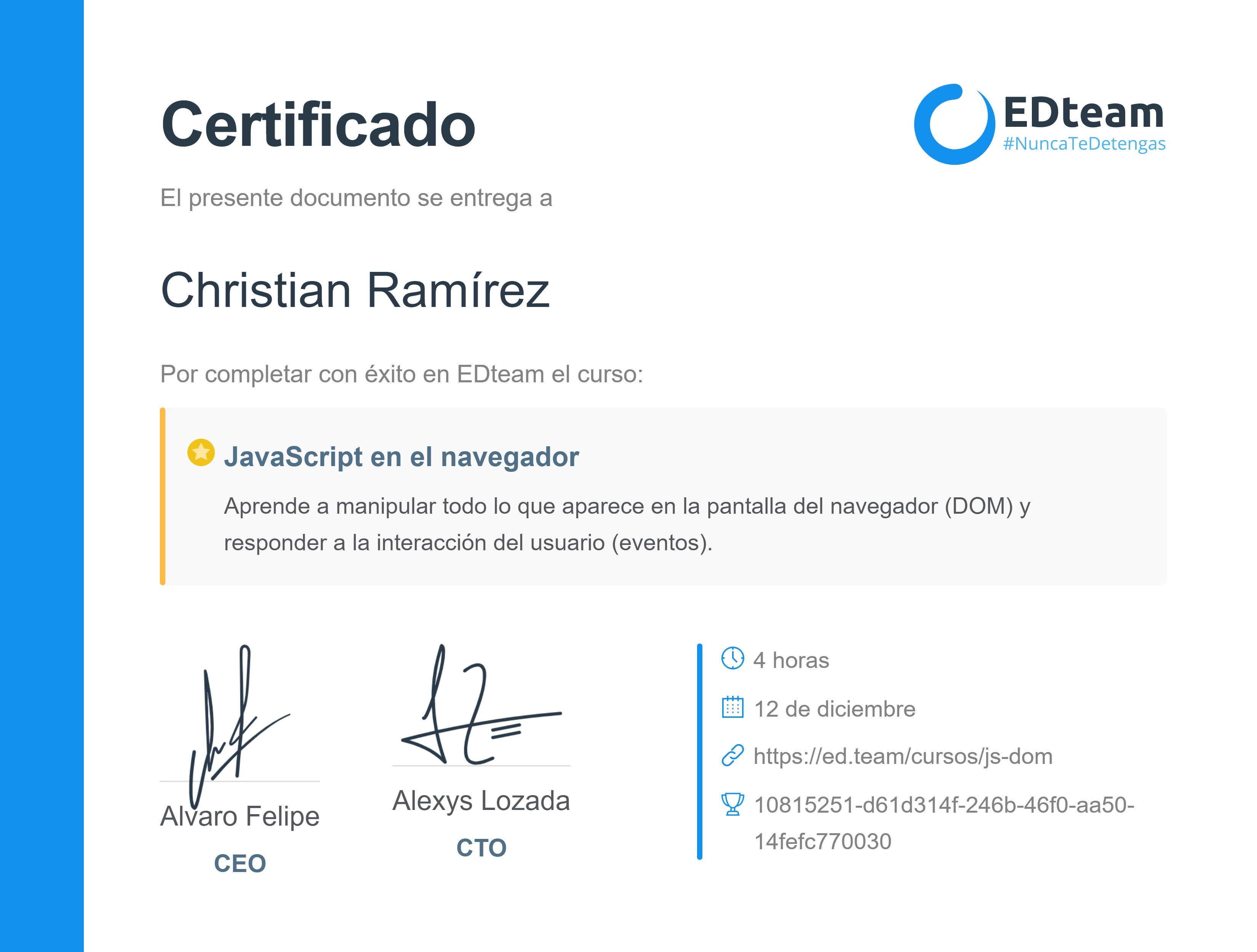 Certificado de Camilo Hurtado del curso JavaScript en el navegador