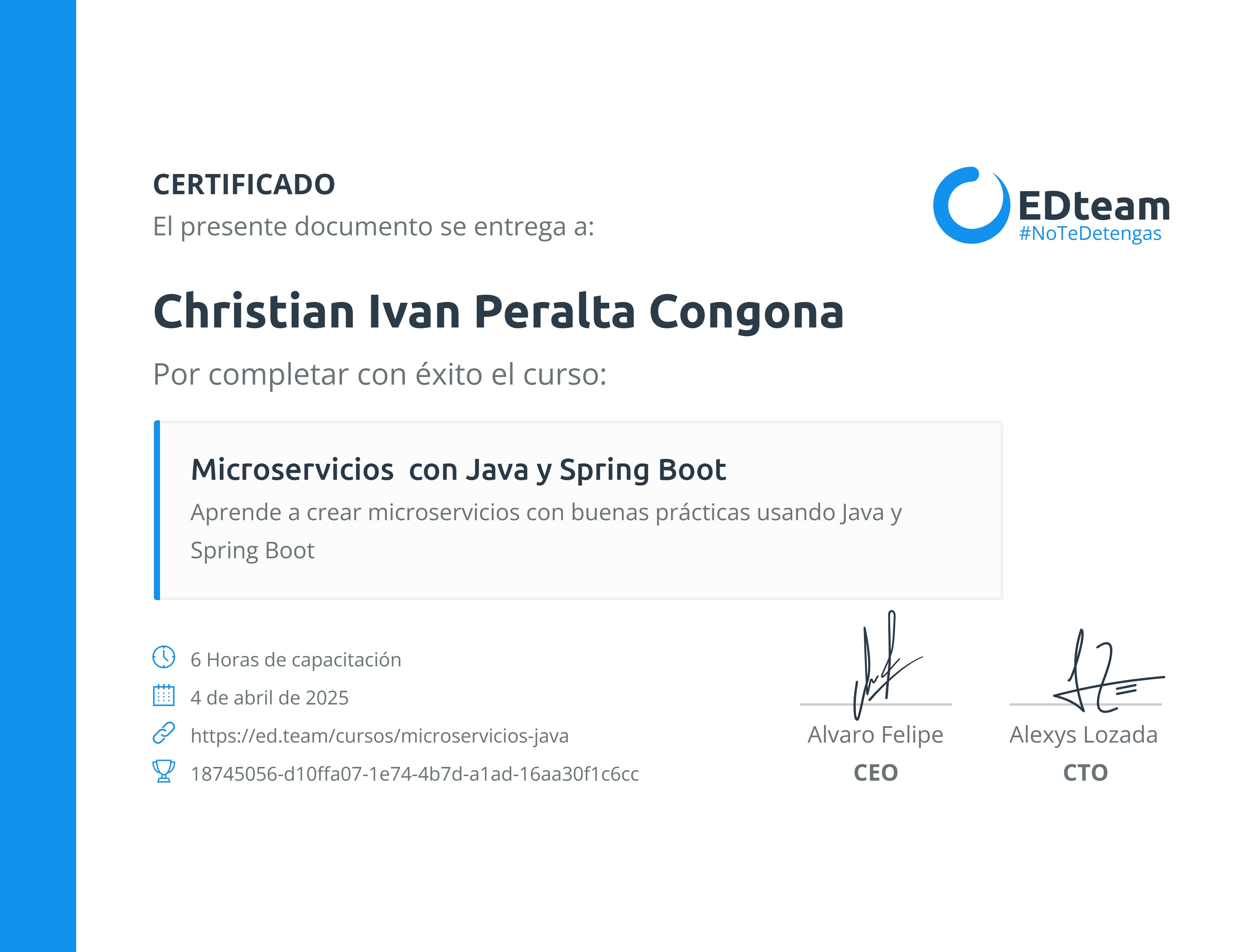Certificado de Christian Ivan Peralta Congona del curso Microservicios con Java y Spring Boot