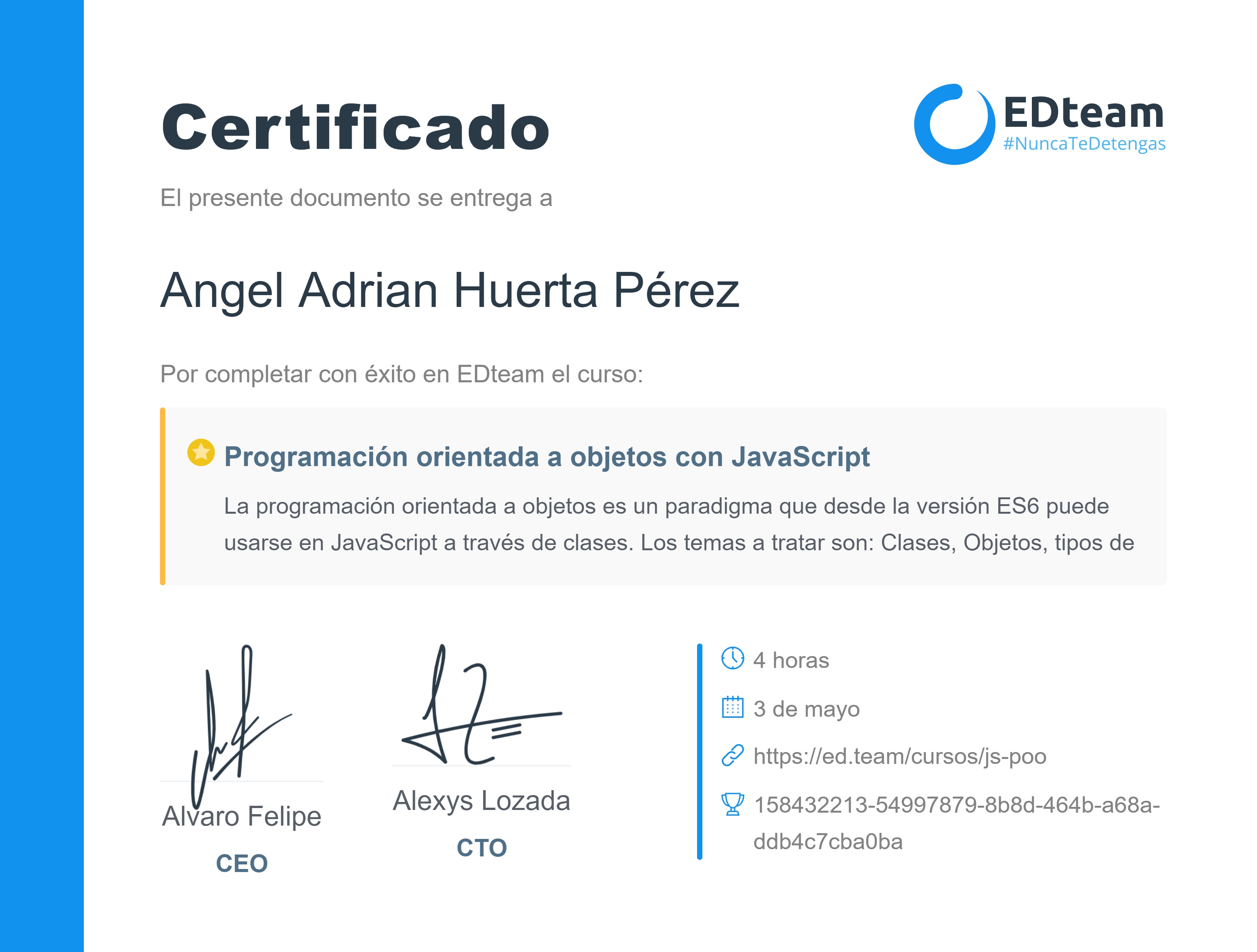 Certificado de Angel Adrian Huerta Pérez del curso Programación orientada a objetos con JavaScript