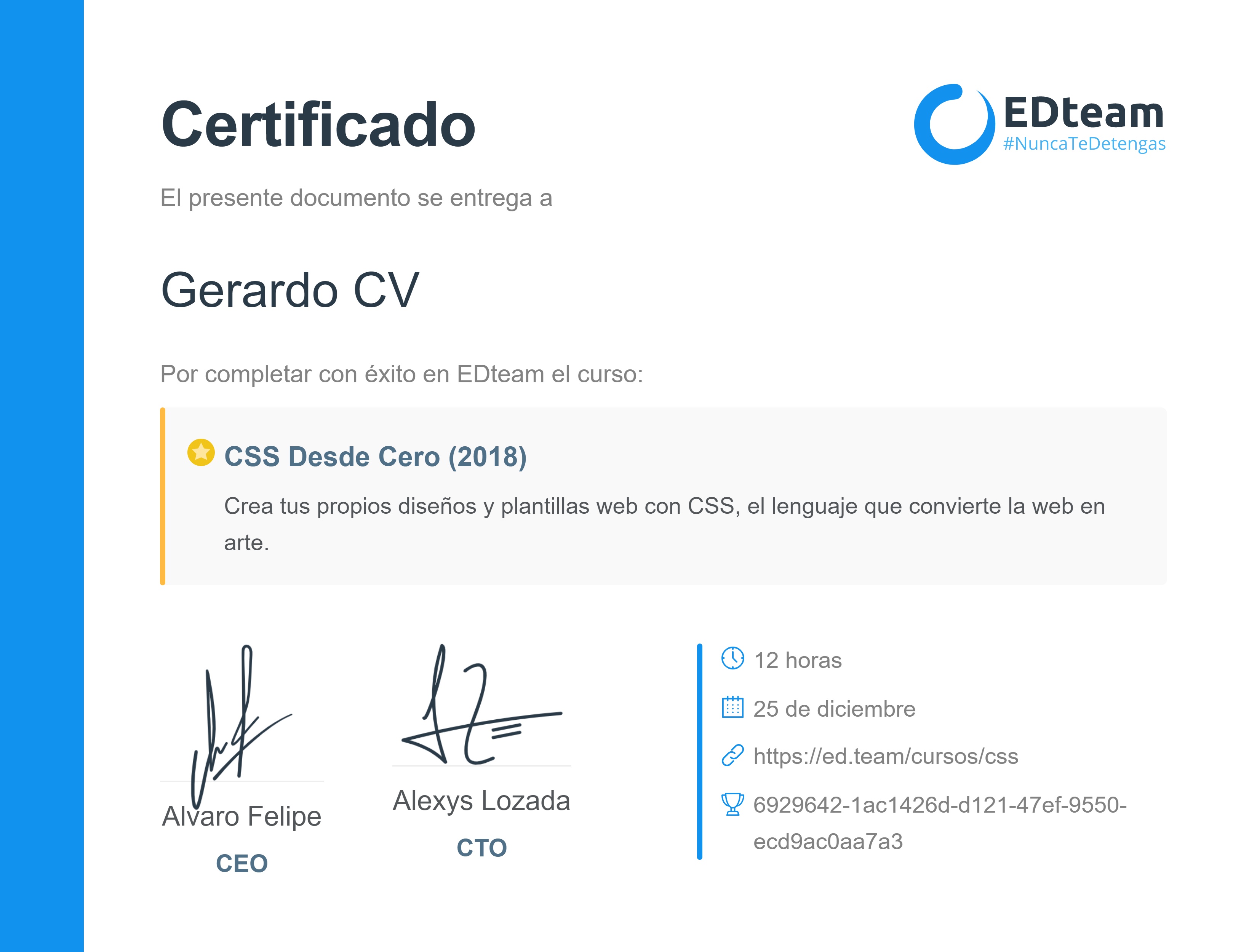 Certificado de Gerardo CV del curso CSS Desde Cero (2018)