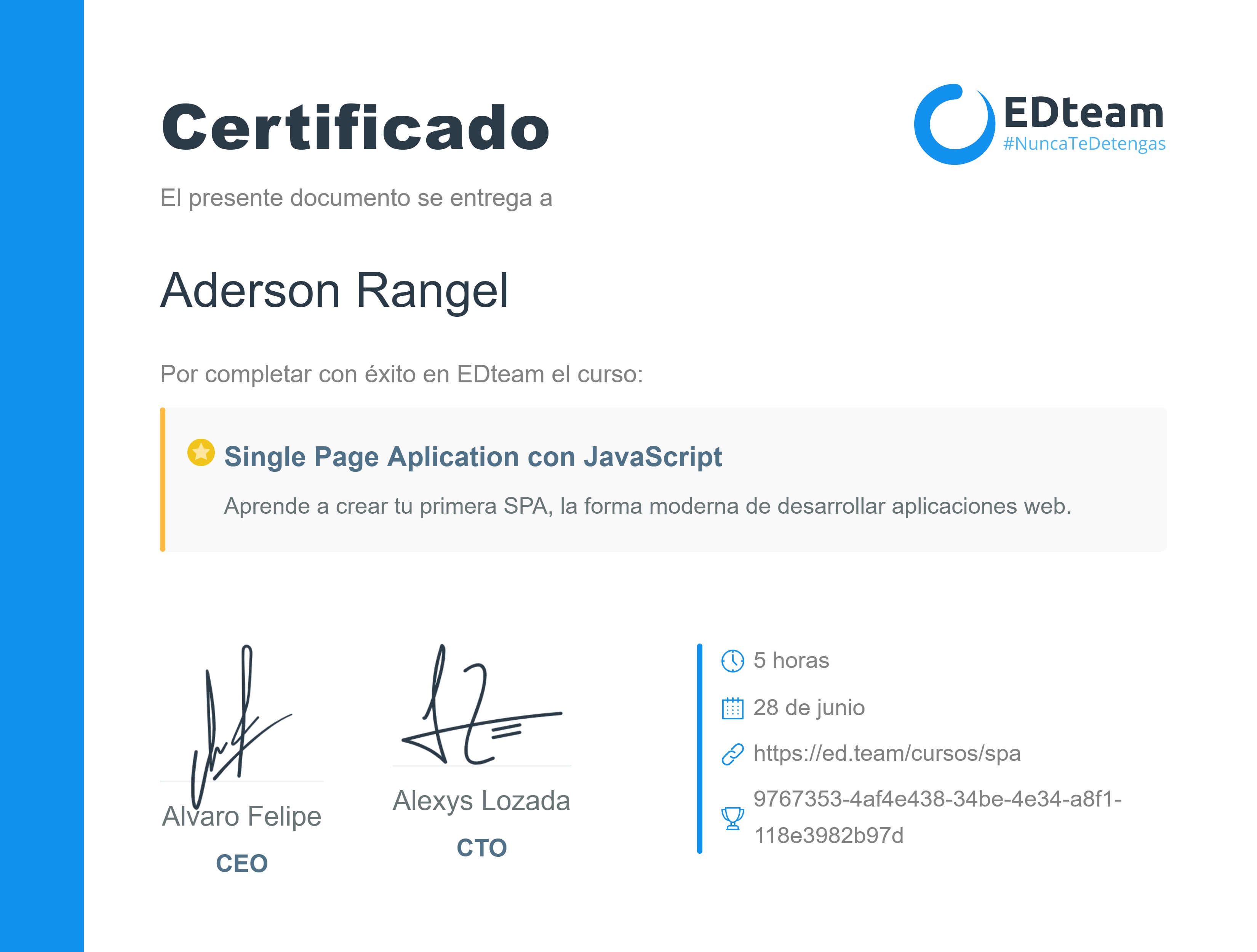 Certificado de Aderson Rangel del curso Single Page Aplication con JavaScript