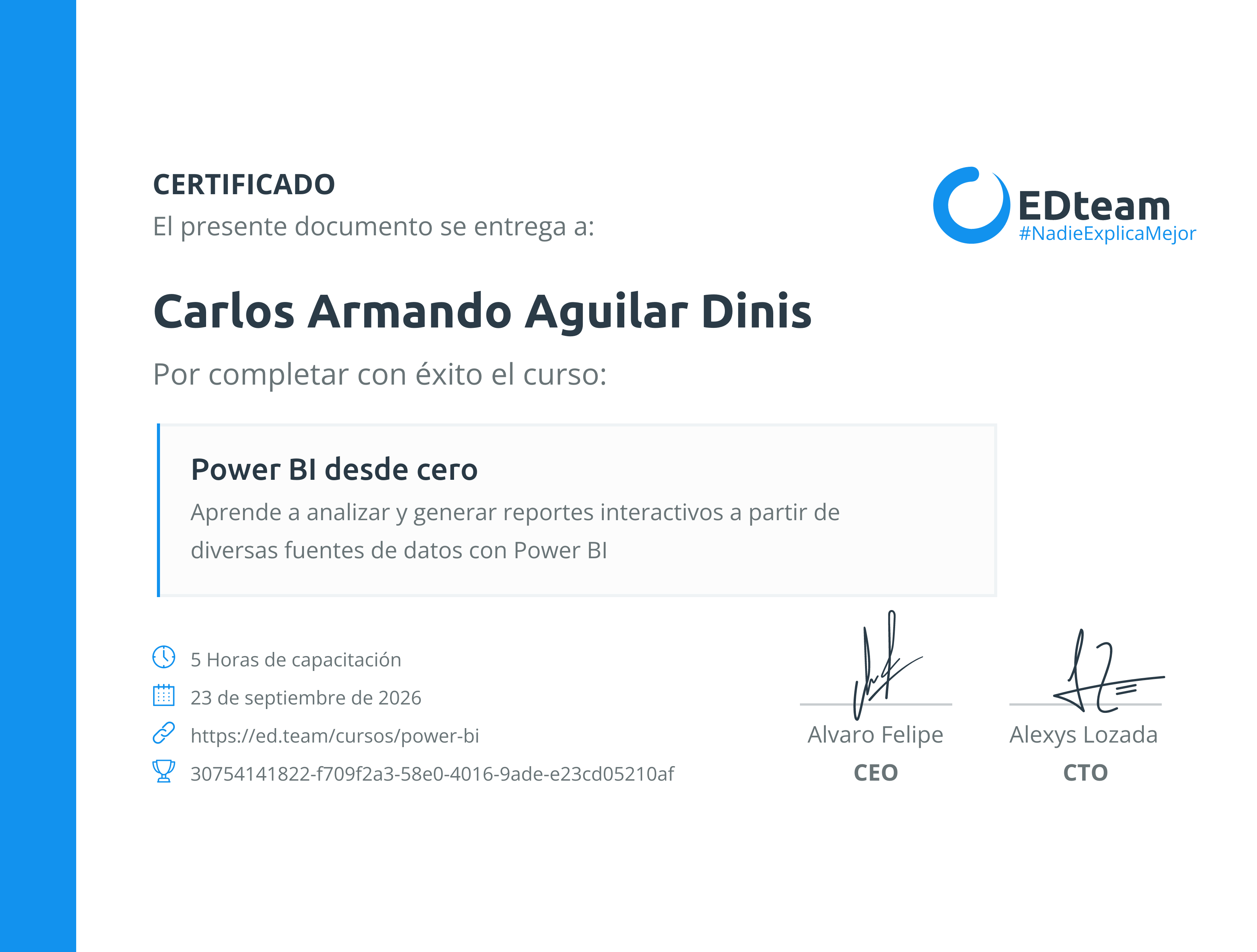 Certificado de Carlos Armando Aguilar Dinis del curso Power BI desde cero
