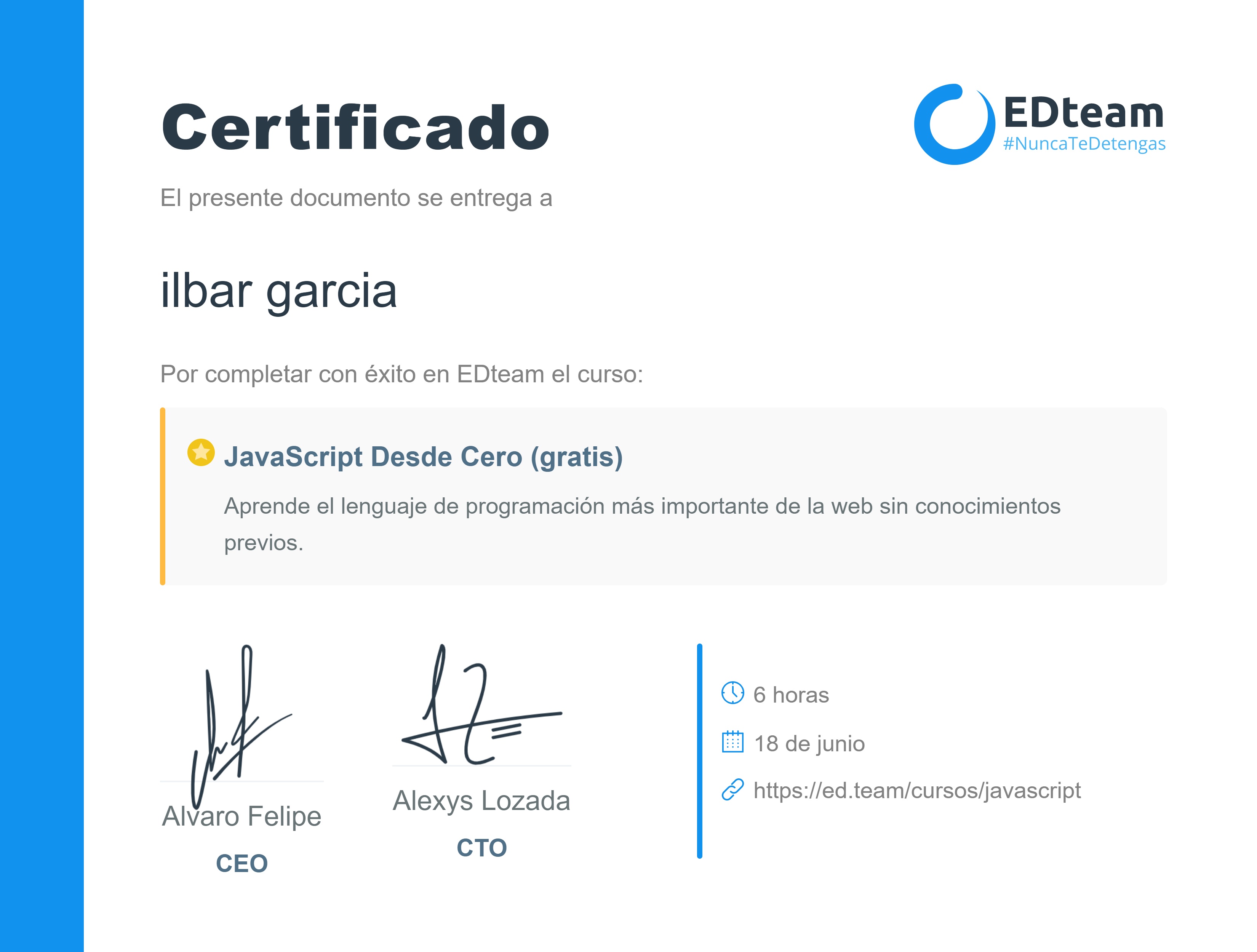 Certificado de ilbar garcia del curso JavaScript Desde Cero (gratis) (2018)