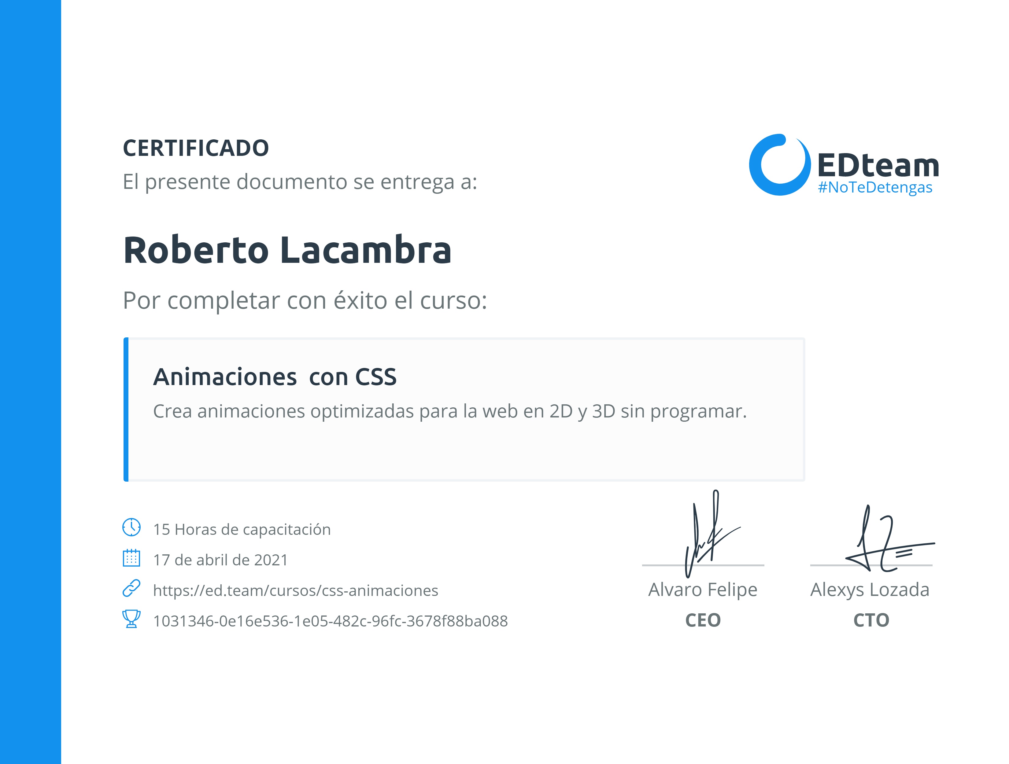 Certificado de Roberto Lacambra del curso Animaciones con CSS