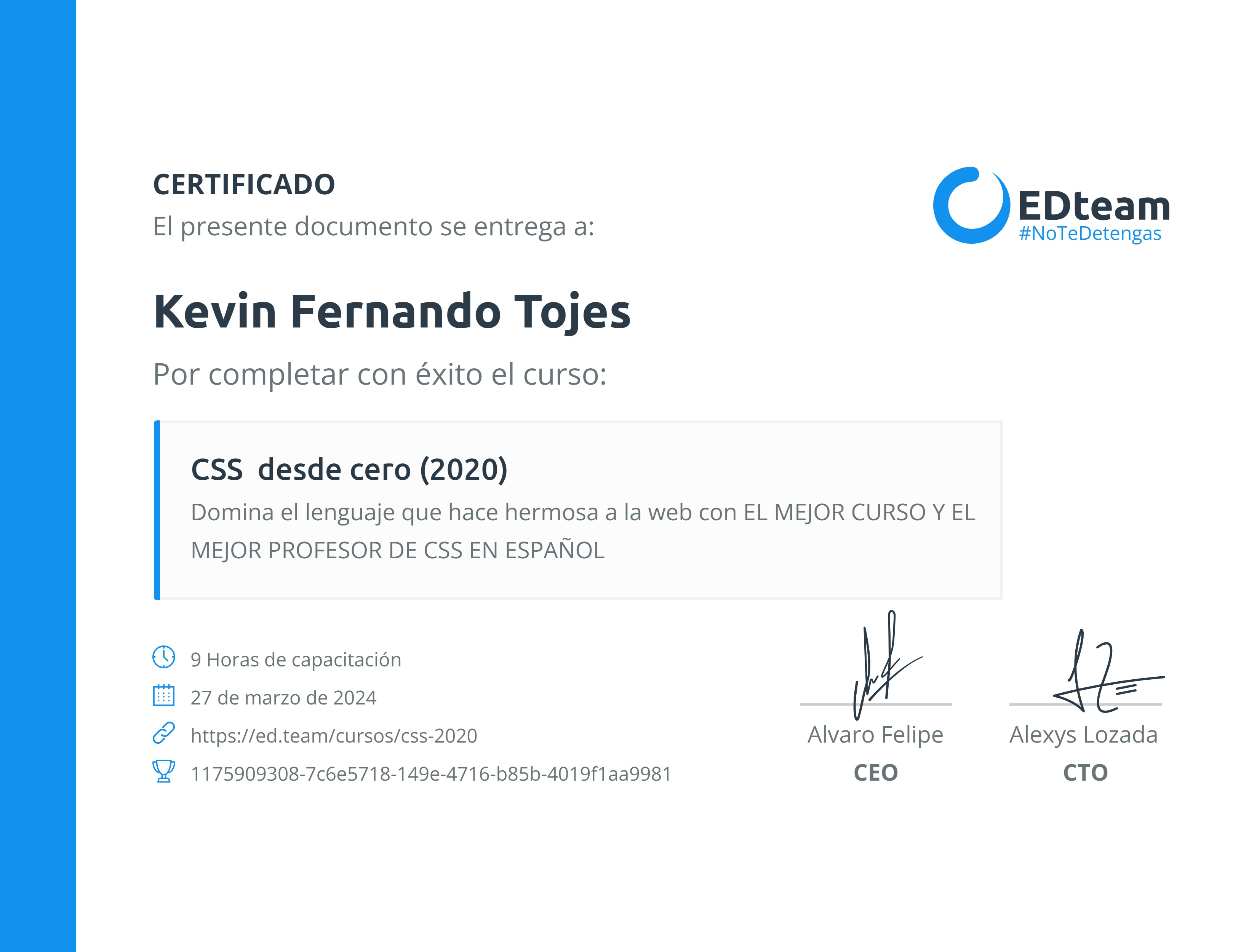 Certificado de Kevin Fernando Tojes del curso CSS desde cero (2020)