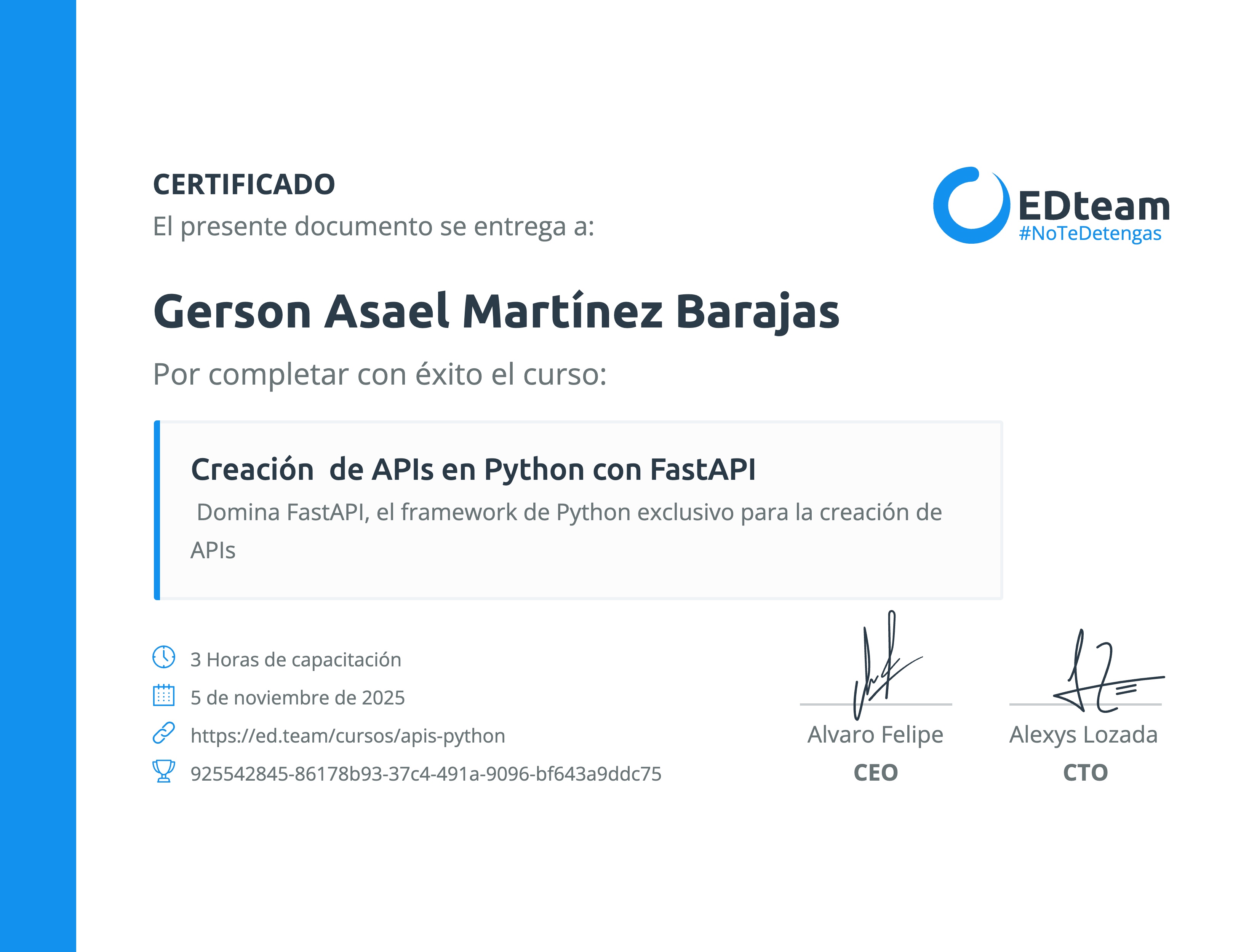 Certificado de Gerson Asael Martínez Barajas del curso Creación de APIs en Python con FastAPI