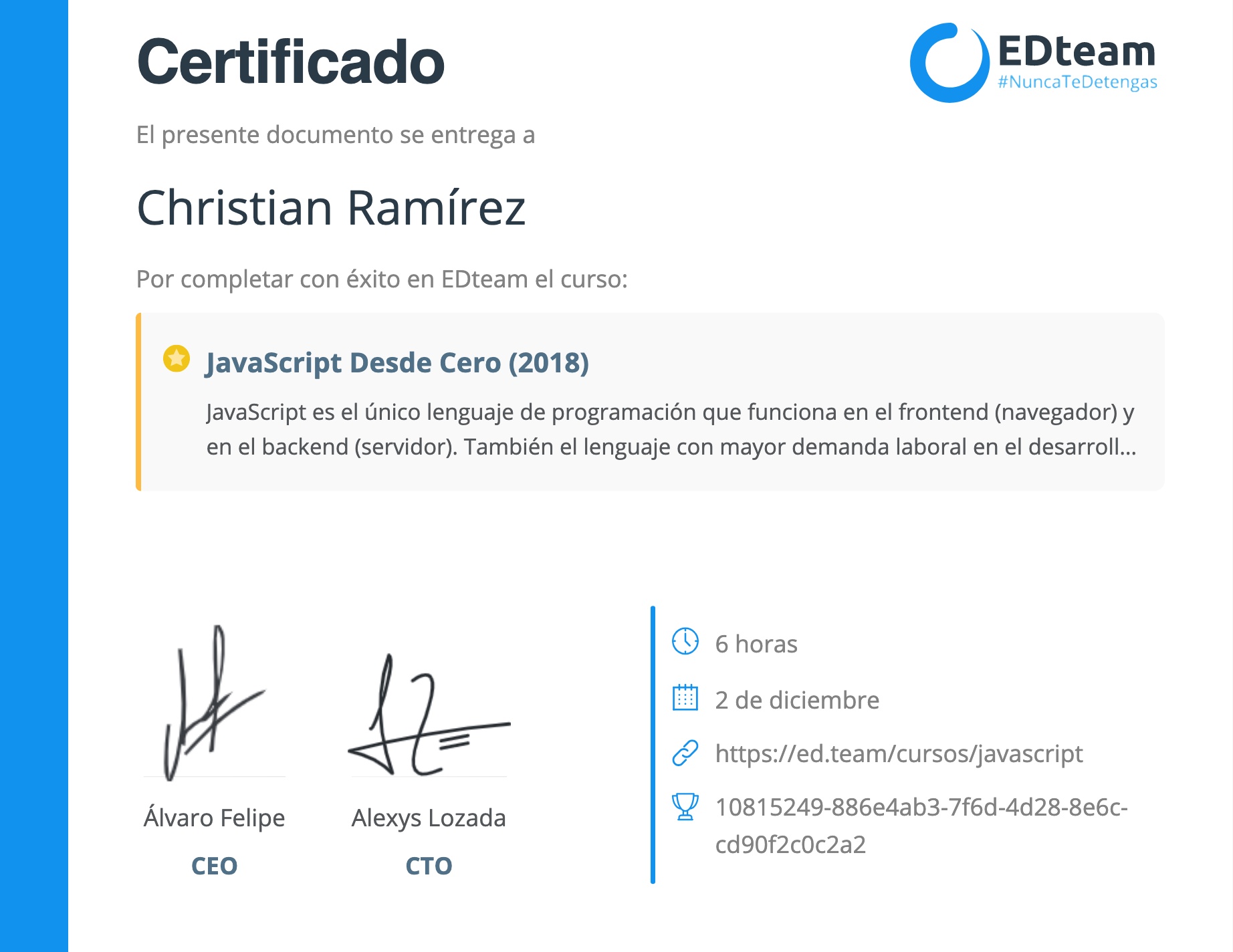 Certificado de Camilo Hurtado del curso JavaScript Desde Cero (gratis) (2018)