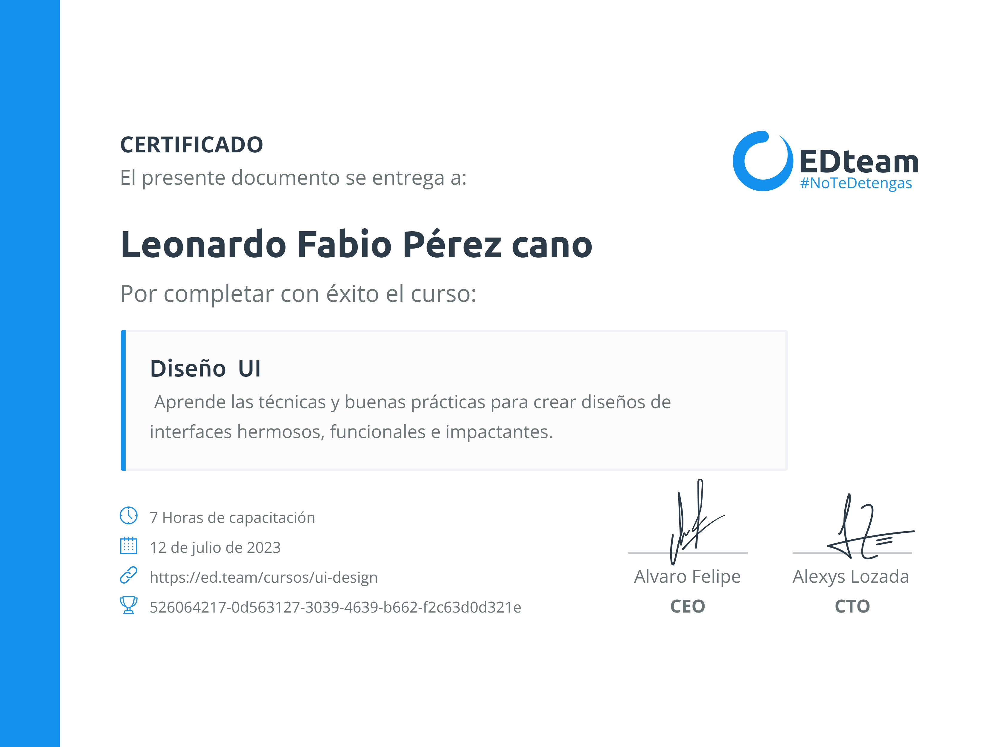 Certificado de Leonardo Fabio Pérez cano del curso Diseño UI