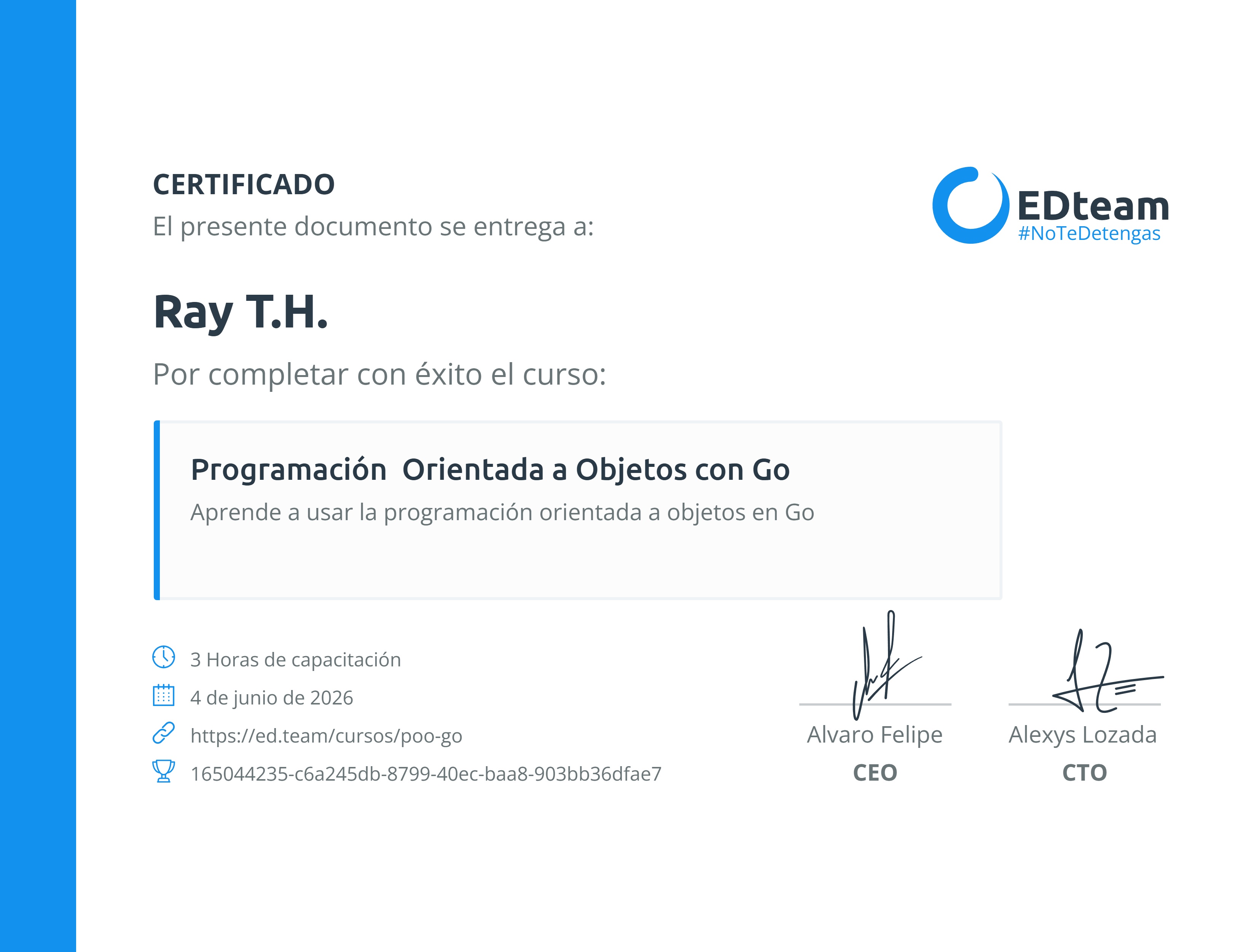 Certificado de Ray Trápala Hernández del curso Programación Orientada a Objetos con Go