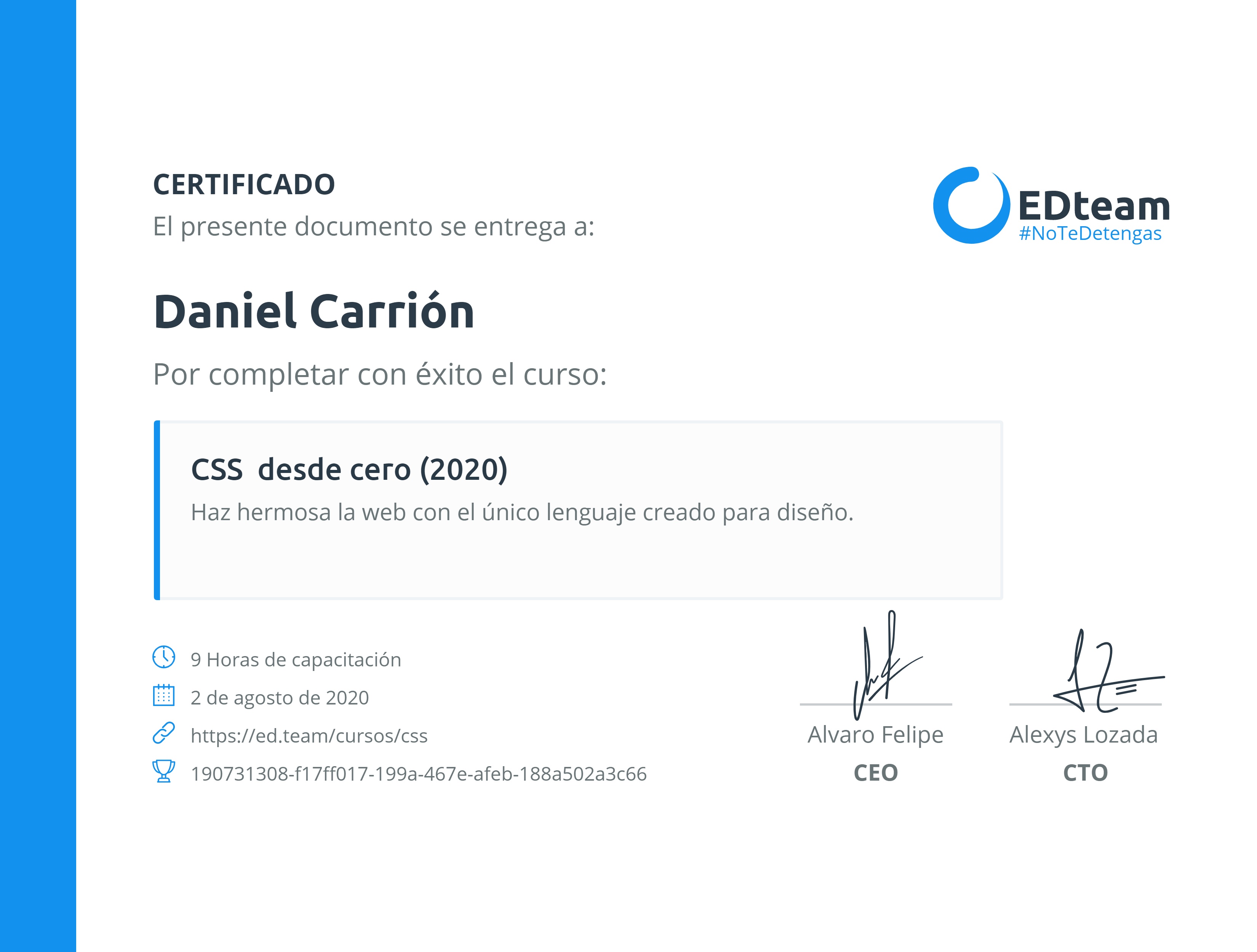 Certificado de Daniel Carrión del curso CSS desde cero (2020)