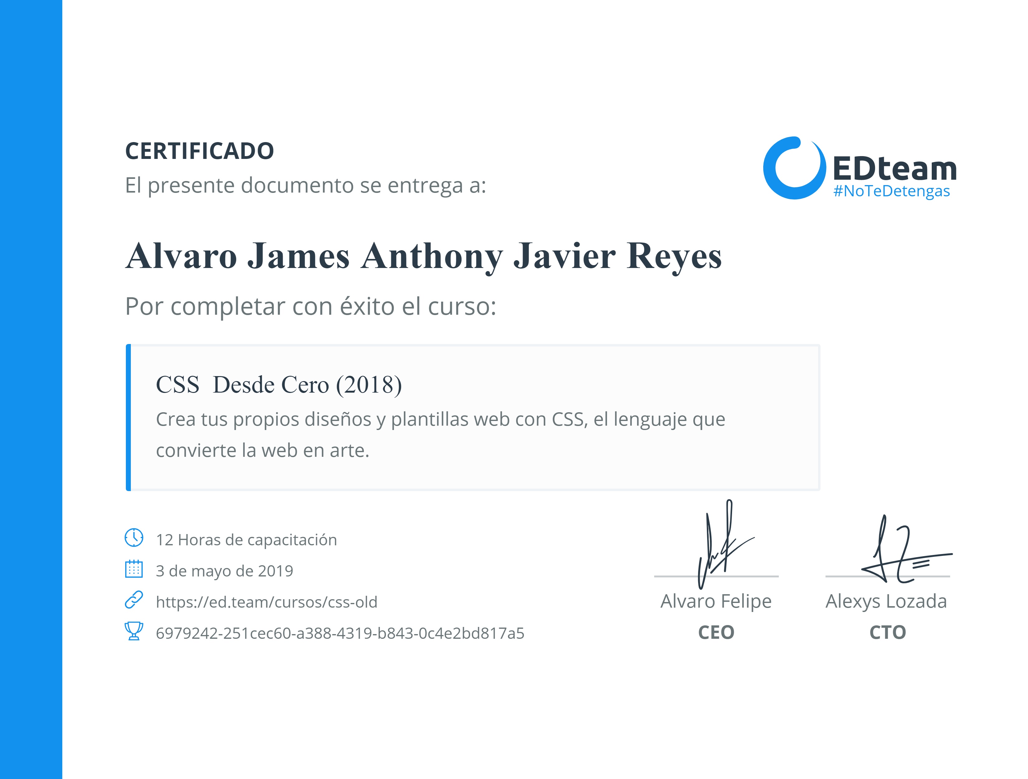 Certificado de Alvaro James Anthony Javier Reyes del curso CSS Desde Cero (2018)