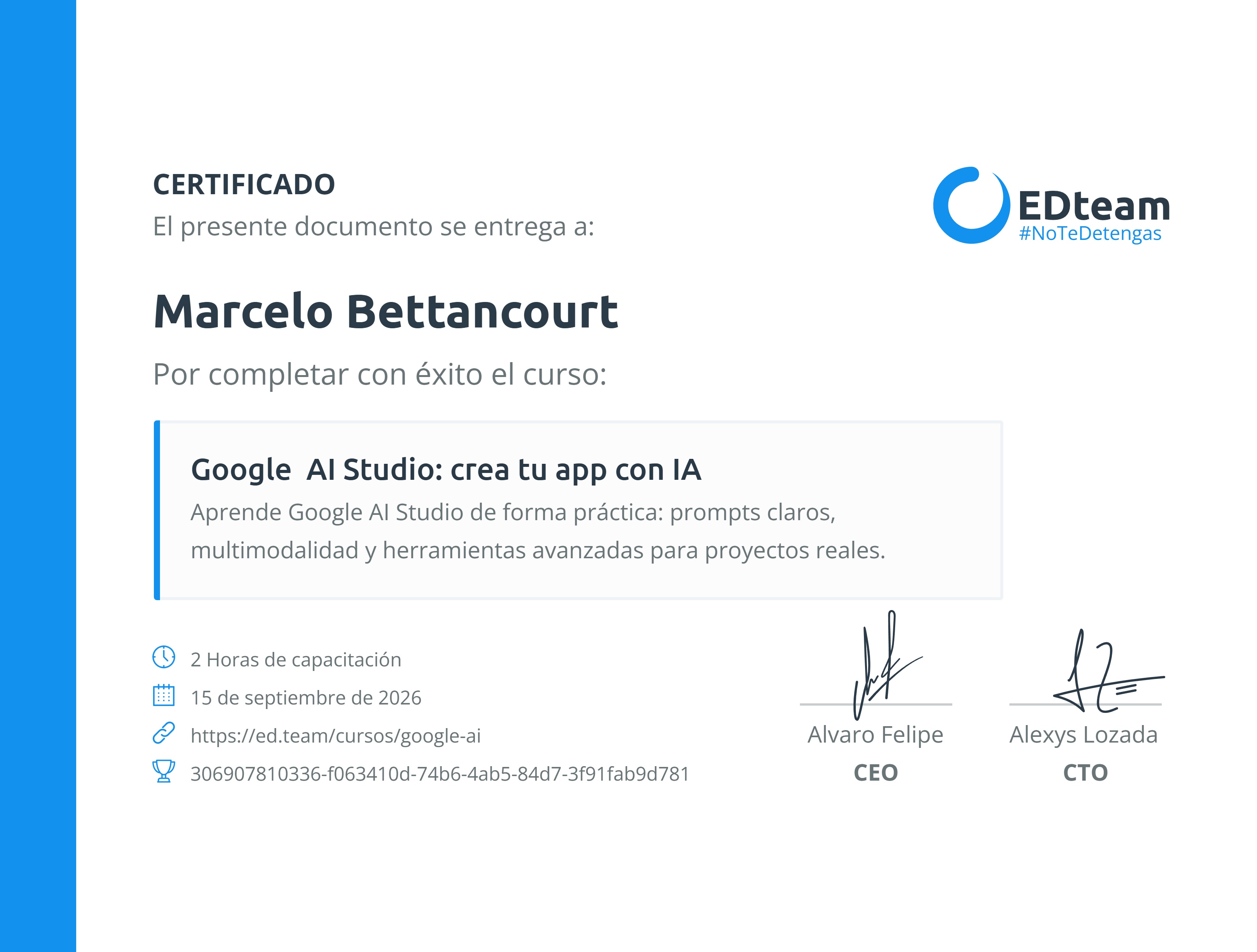 Certificado de Marcelo Bettancourt del curso Google AI Studio: crea tu app con IA