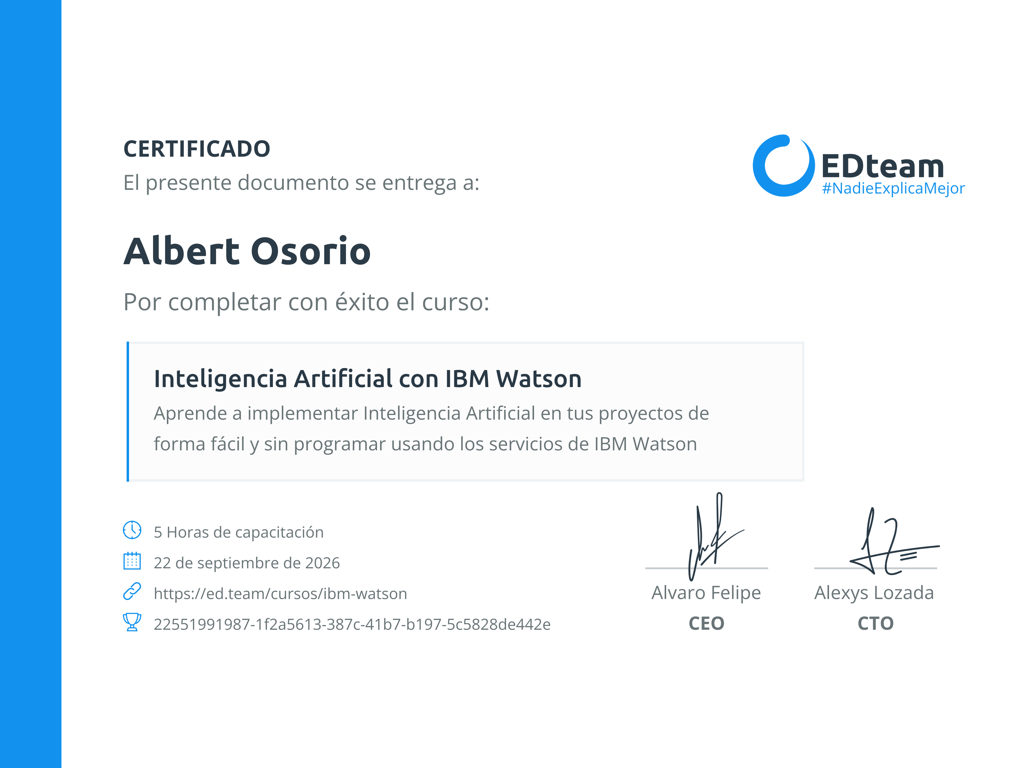 Certificado de Albert Osorio del curso Inteligencia Artificial con IBM Watson