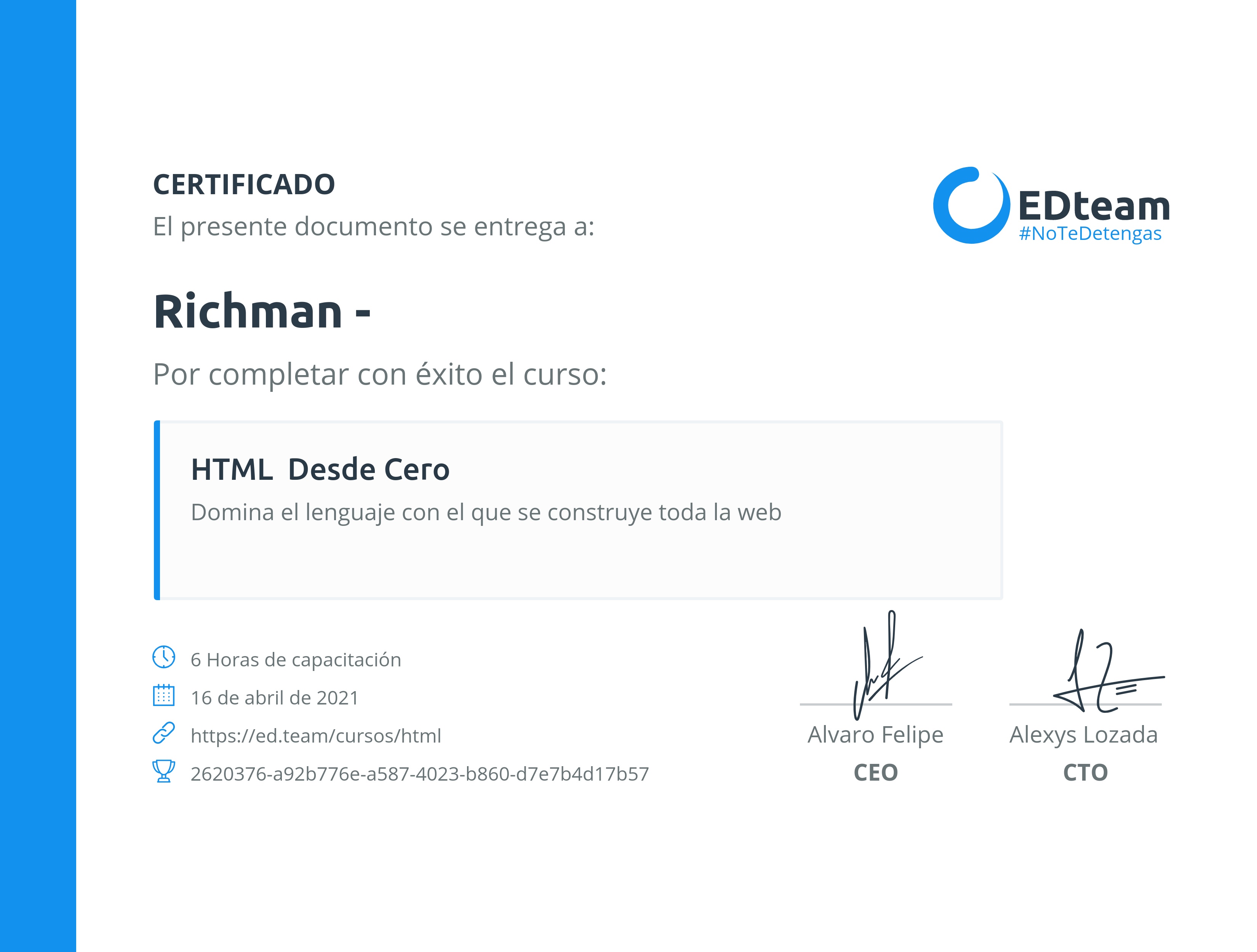 Certificado de Richman Pariona Torres del curso HTML desde cero