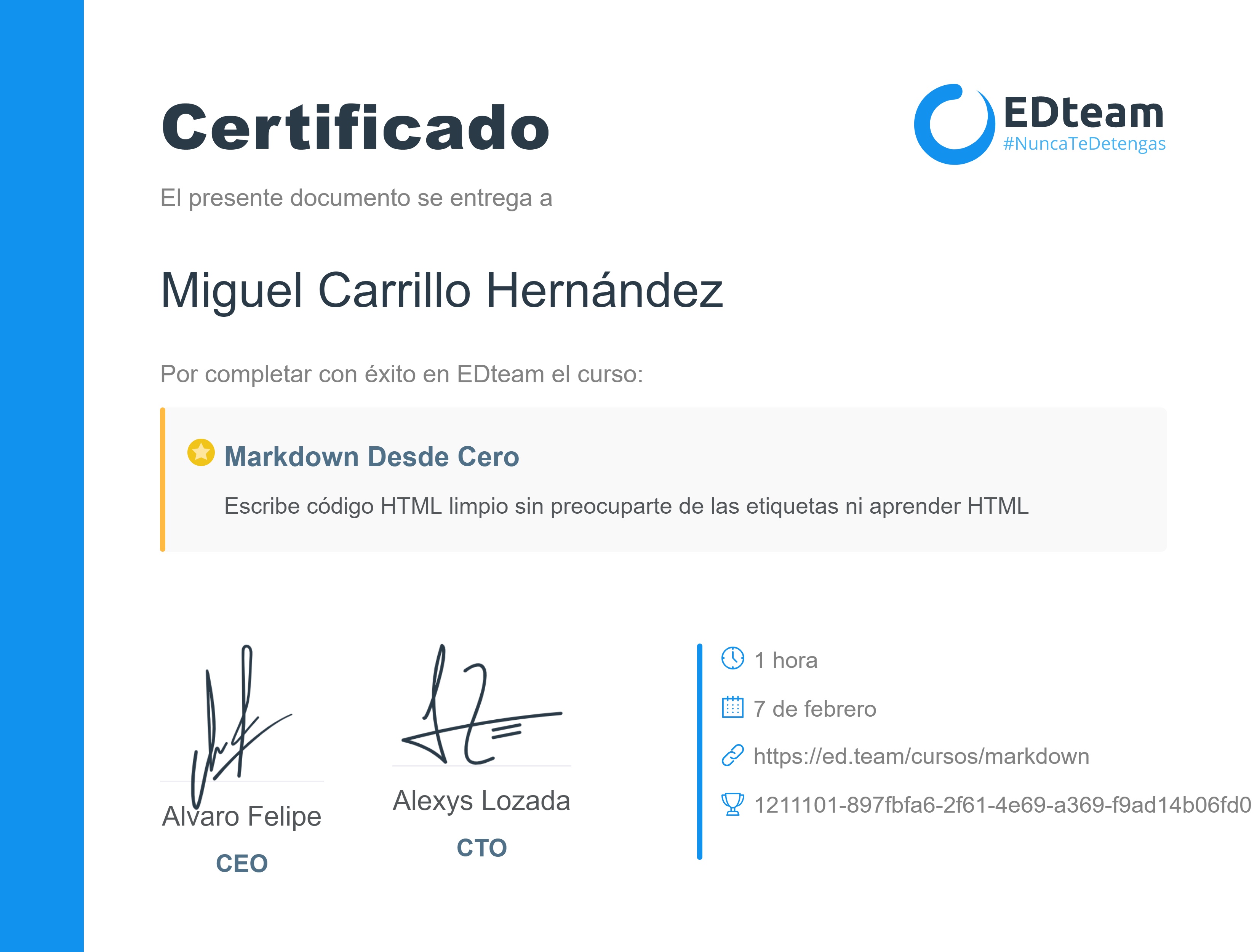 Certificado de Miguel Carrillo Hernández del curso Markdown desde cero (Gratis)