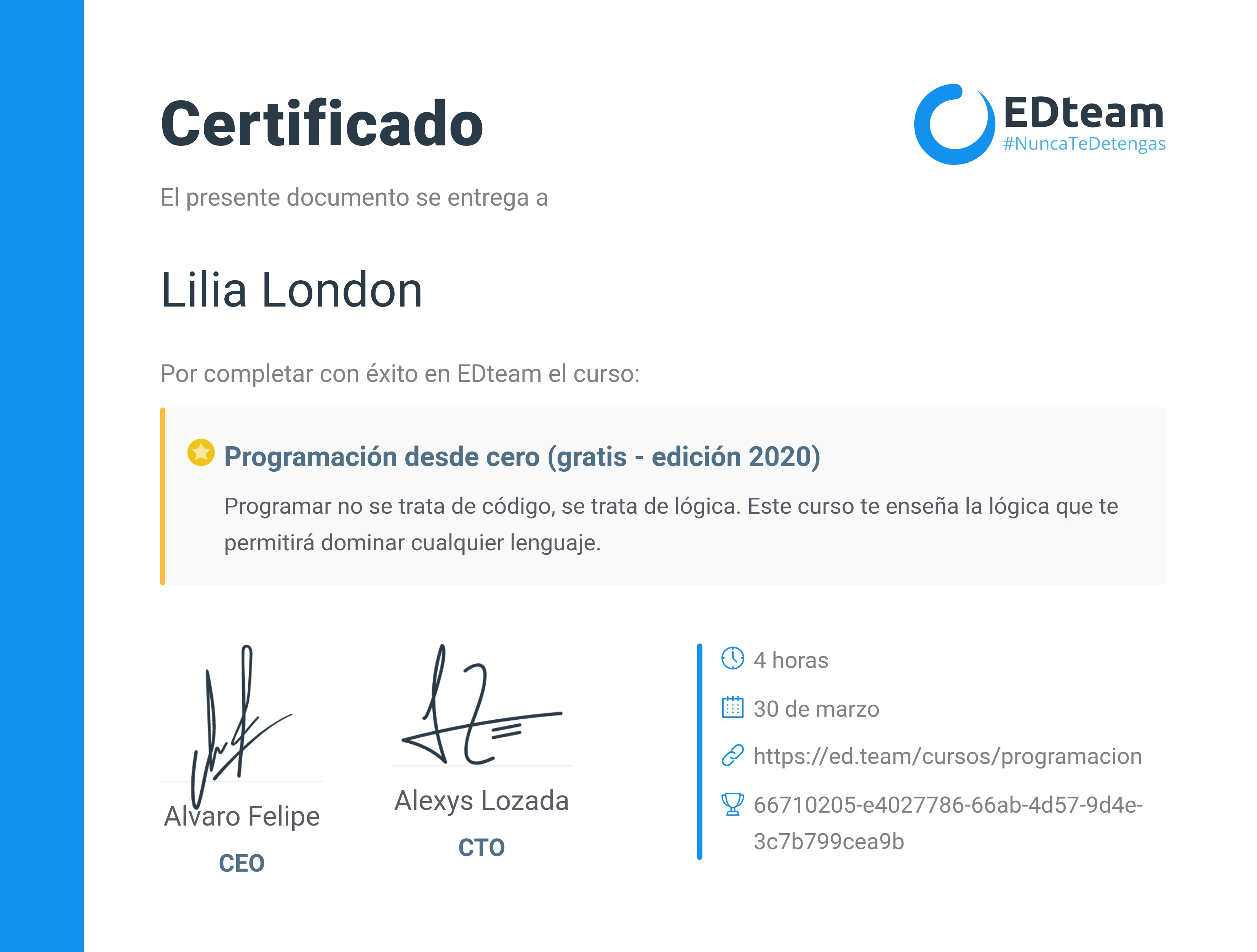 Certificado de Lilia London del curso Programación desde cero (2019)