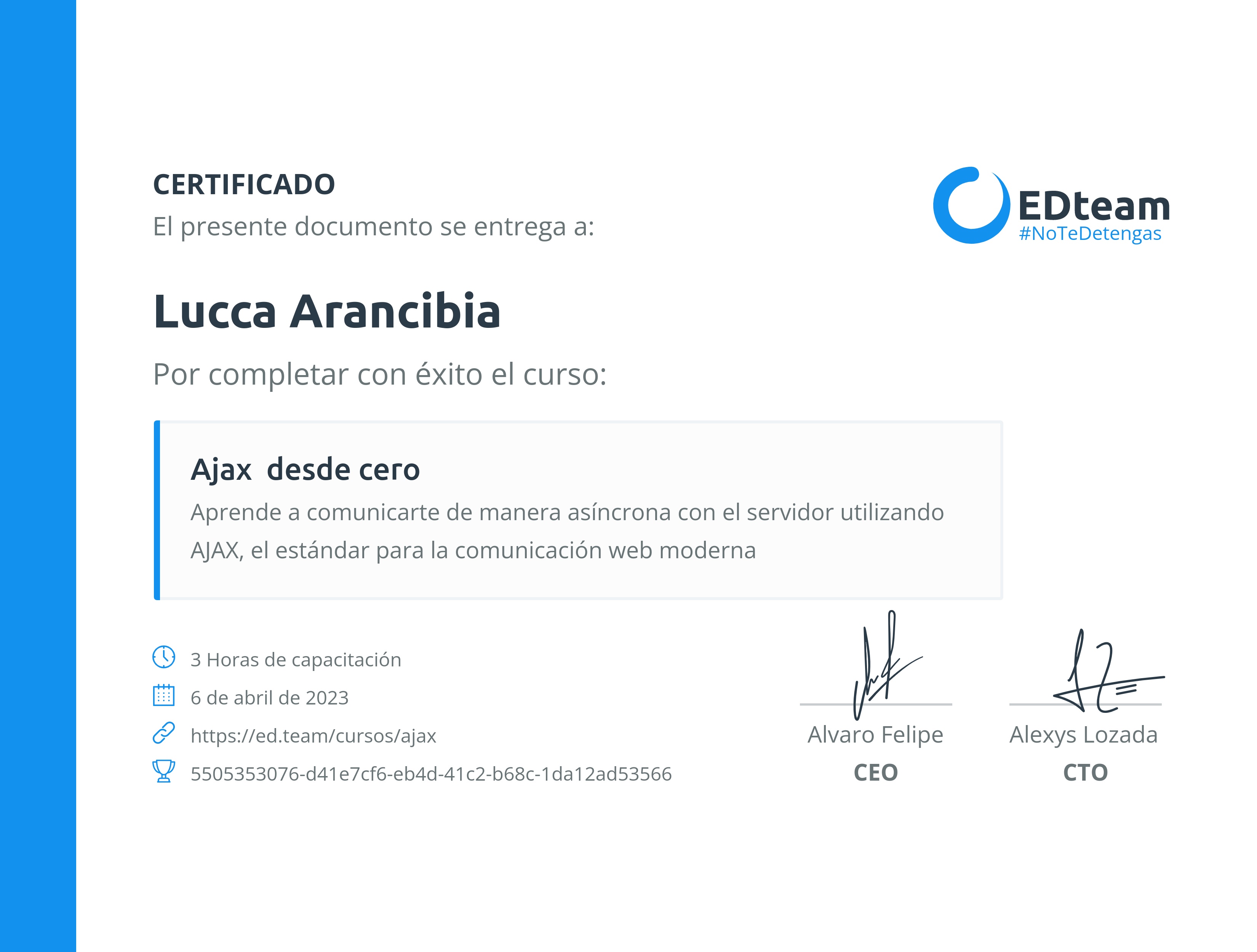Certificado de Lucca Arancibia del curso Ajax desde cero