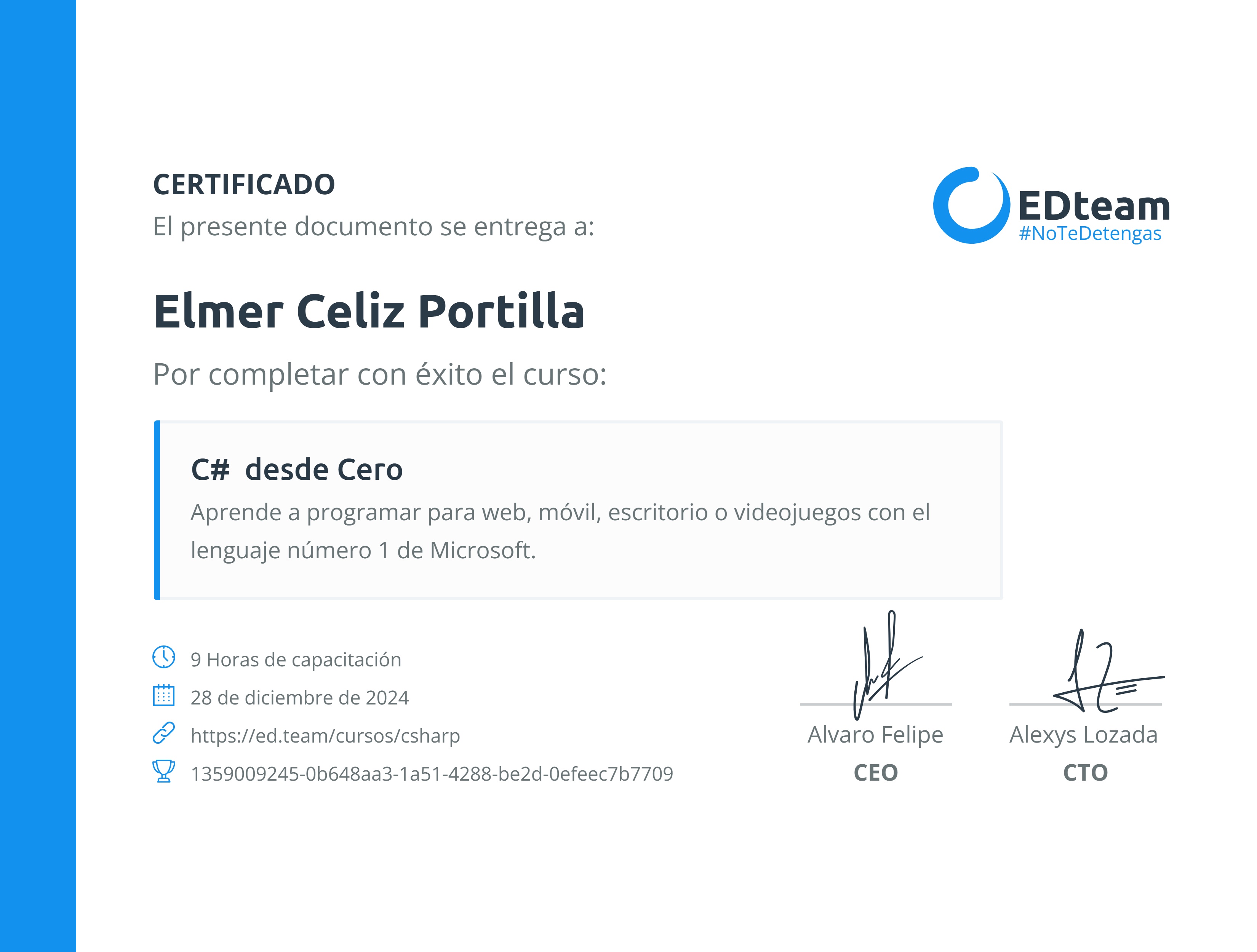 Certificado de Elmer Celiz Portilla del curso C# desde Cero (2020)
