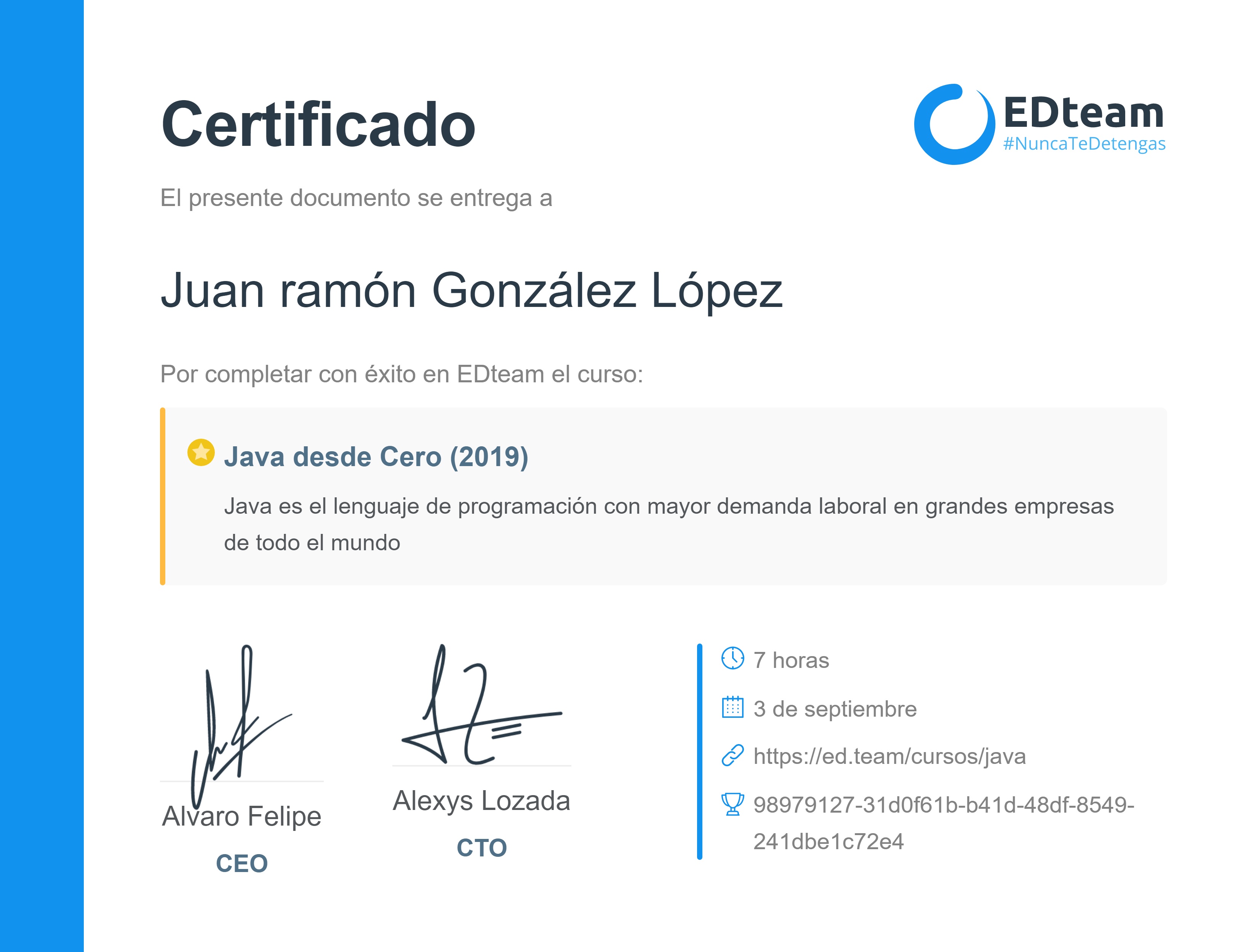 Certificado de Juan ramón González López del curso Java desde Cero EDteam