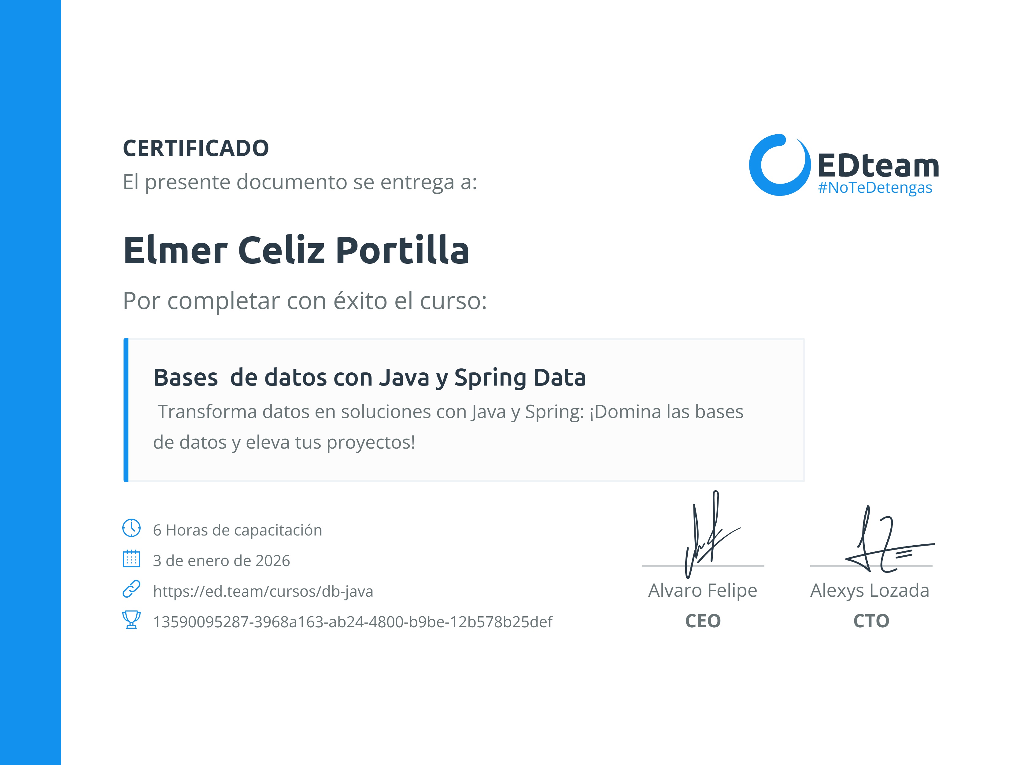 Certificado de Elmer Celiz Portilla del curso Bases de datos con Java y Spring Data