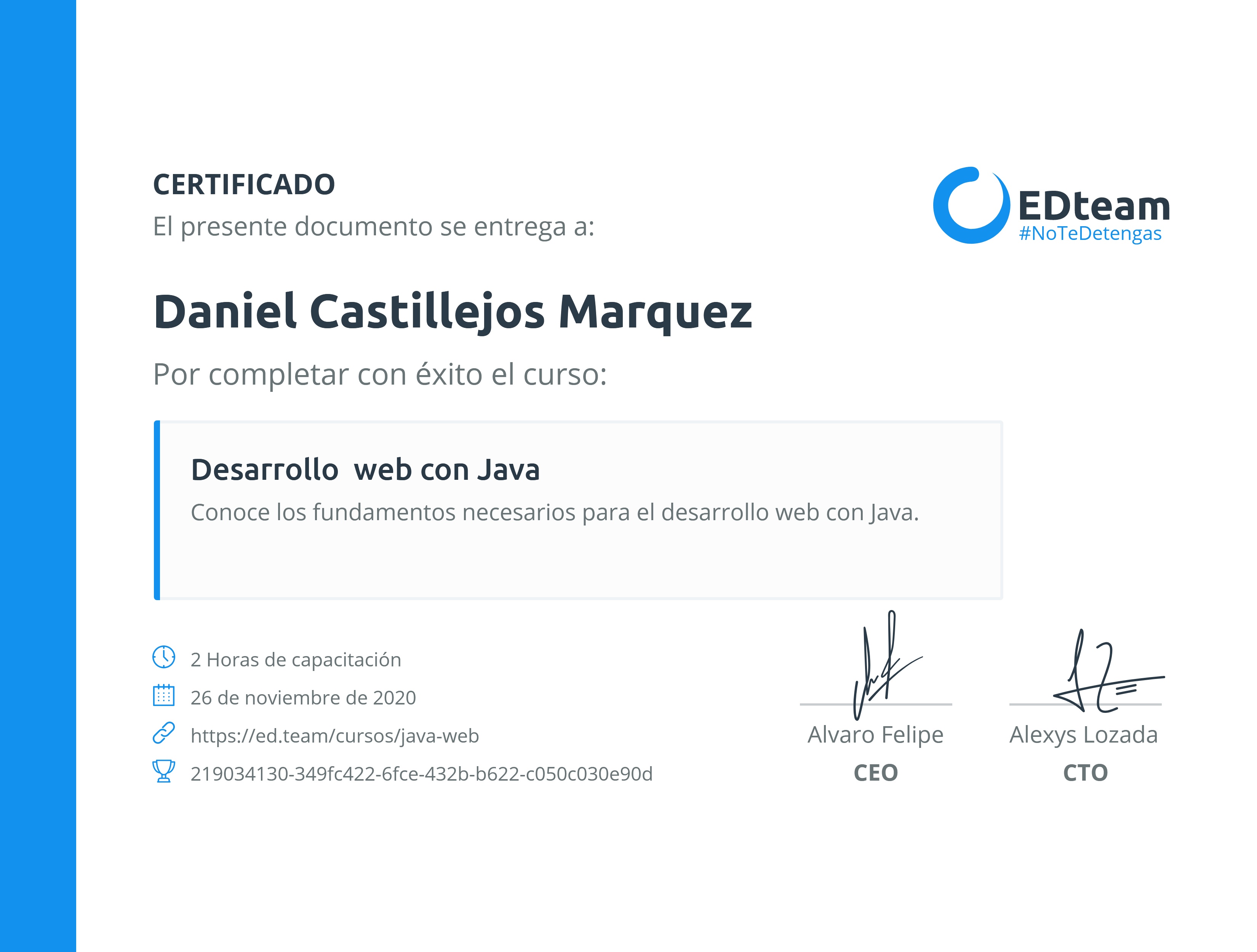 Certificado de Daniel Castillejos Marquez del curso Desarrollo web con Java