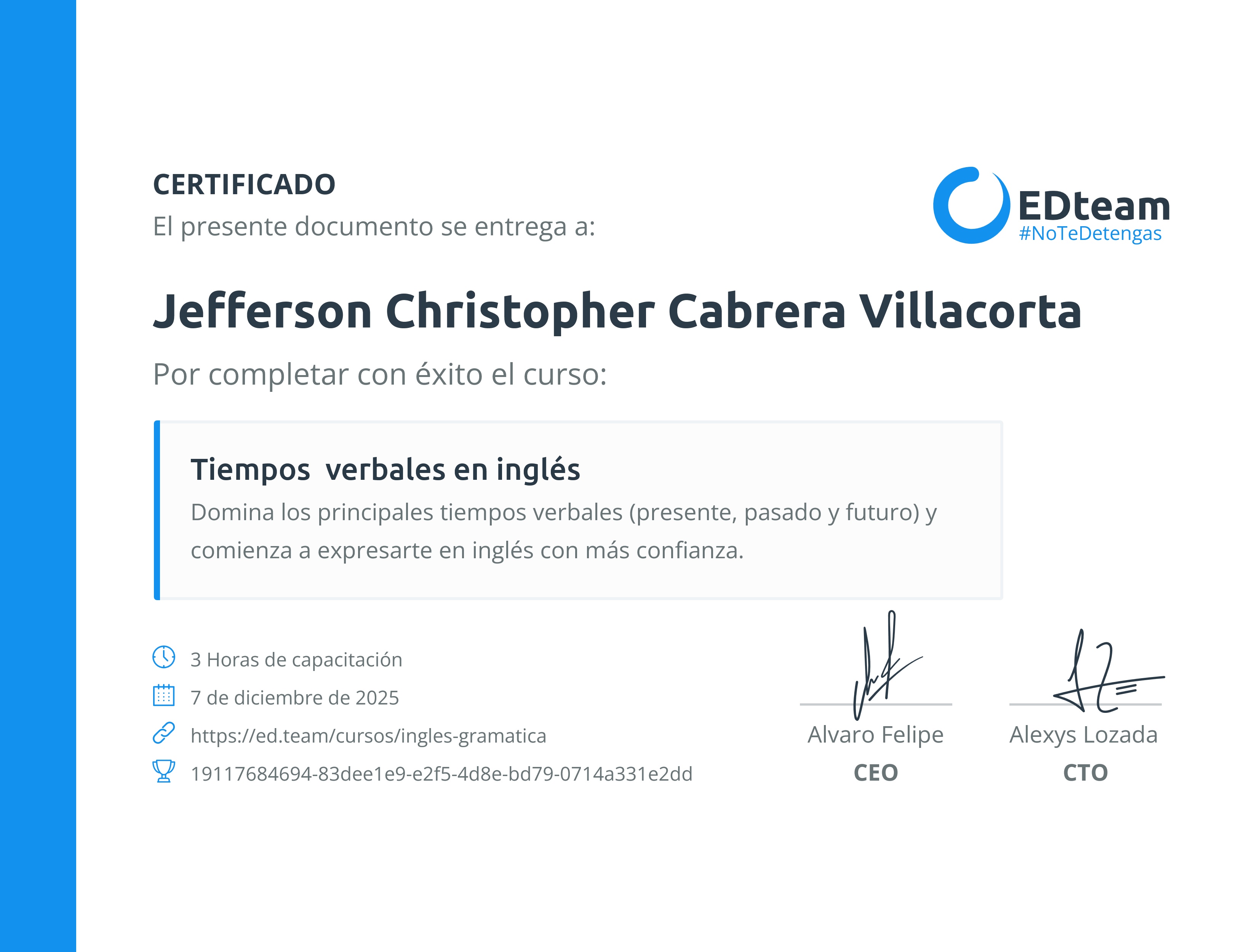 Certificado de Jefferson Christopher Cabrea Villacorta del curso Tiempos verbales en inglés