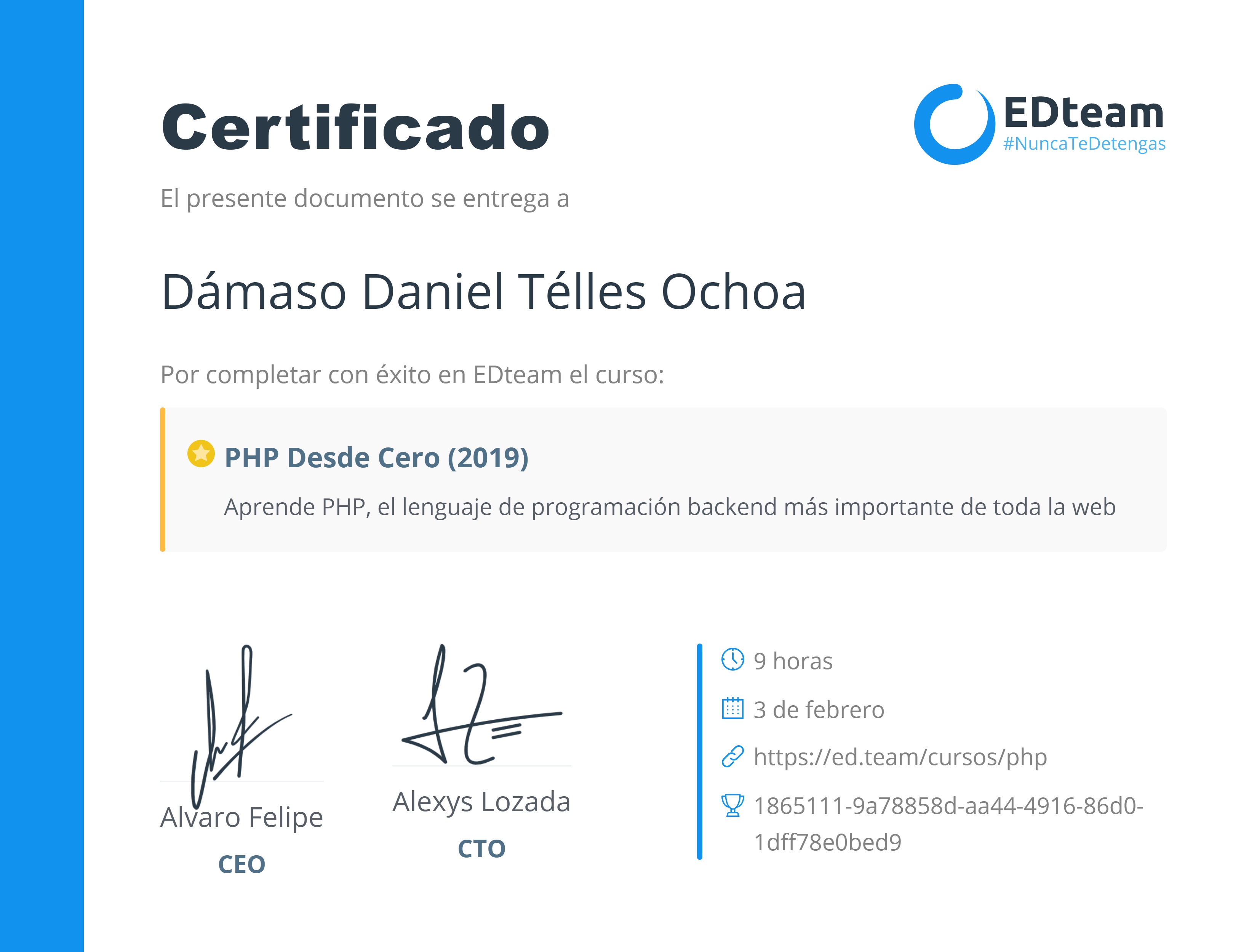 Certificado de Dámaso Daniel Télles Ochoa del curso PHP Desde Cero