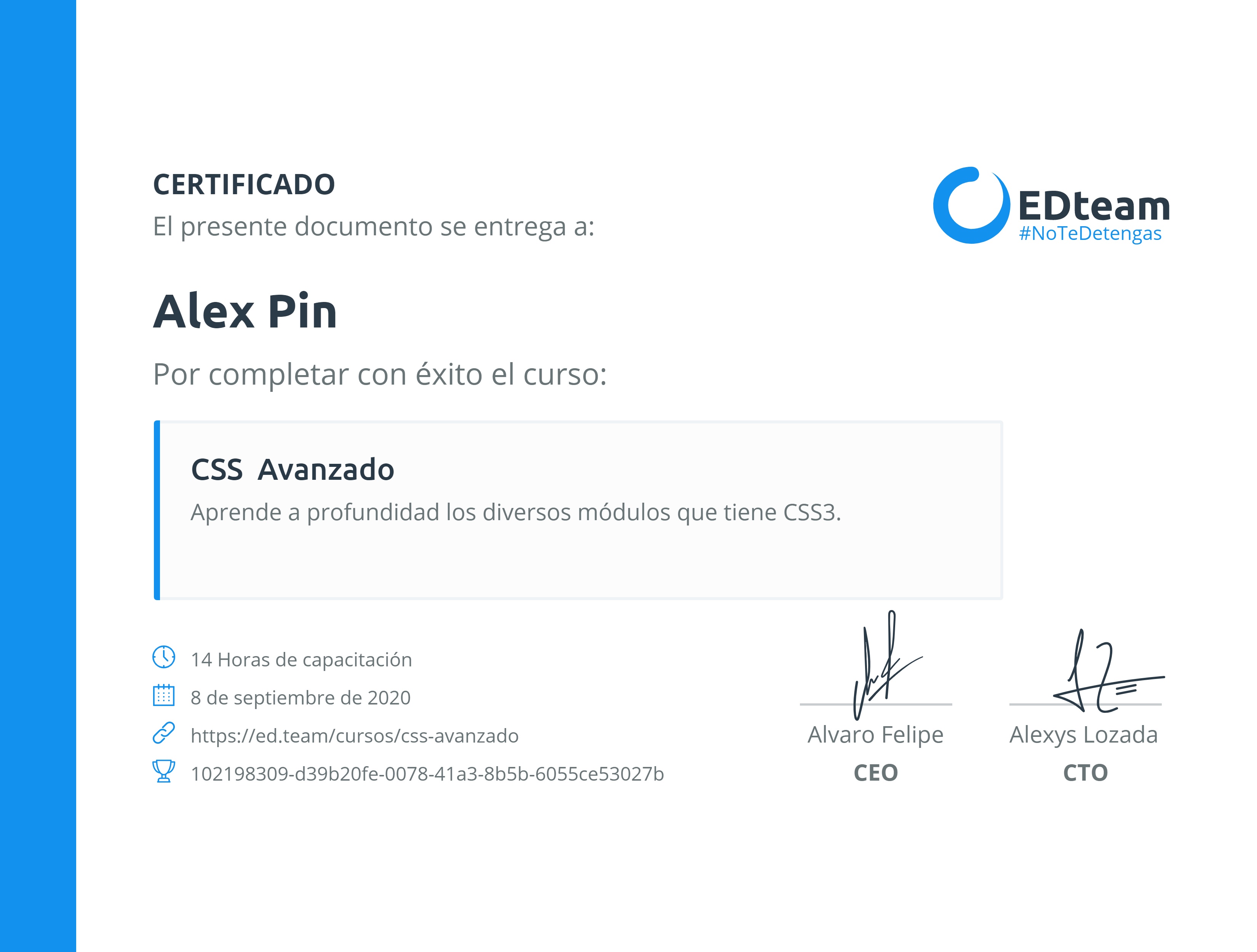 Certificado de Alex Pin del curso CSS Avanzado