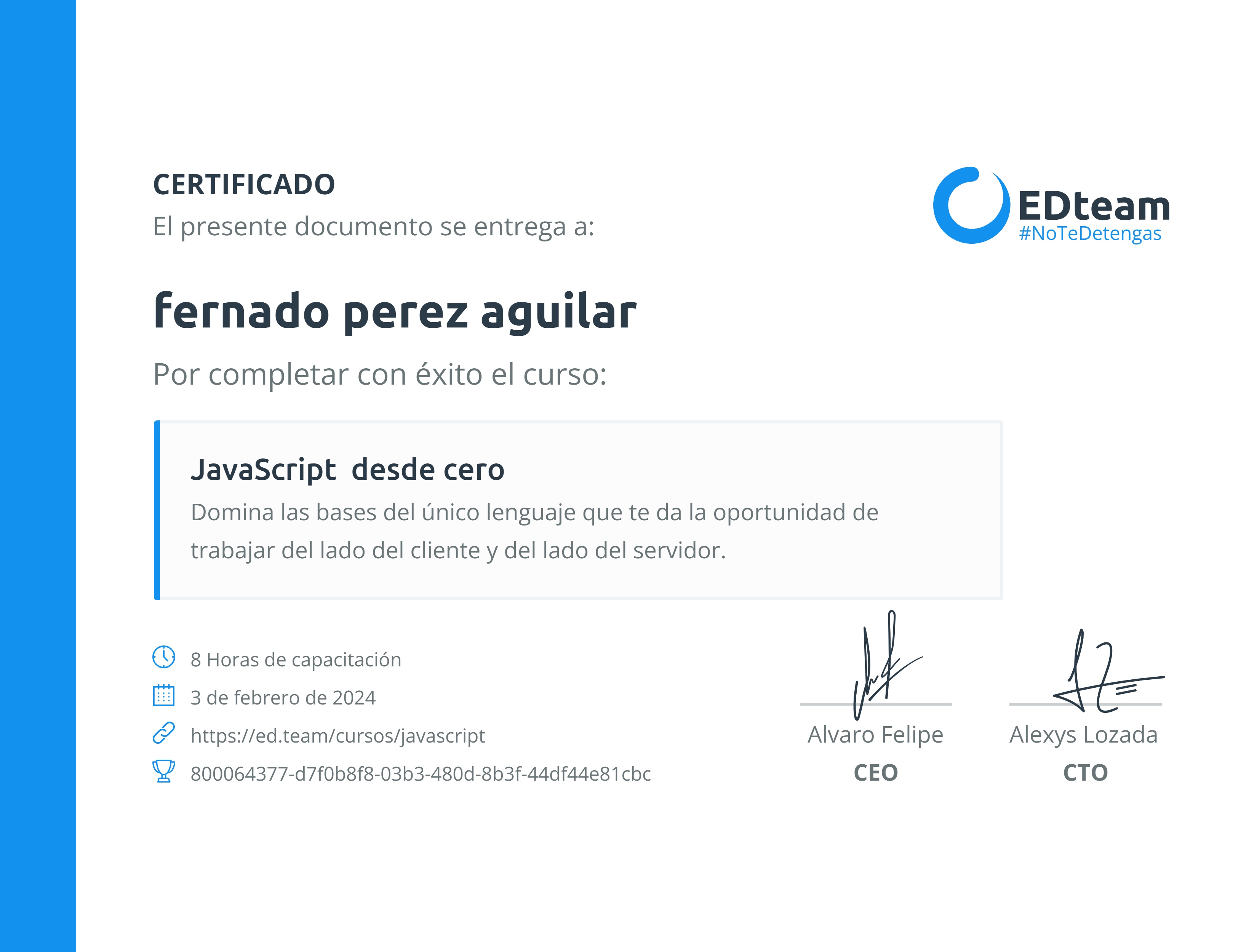 Certificado de Jefferson Andres Mena Camacho del curso JavaScript desde cero