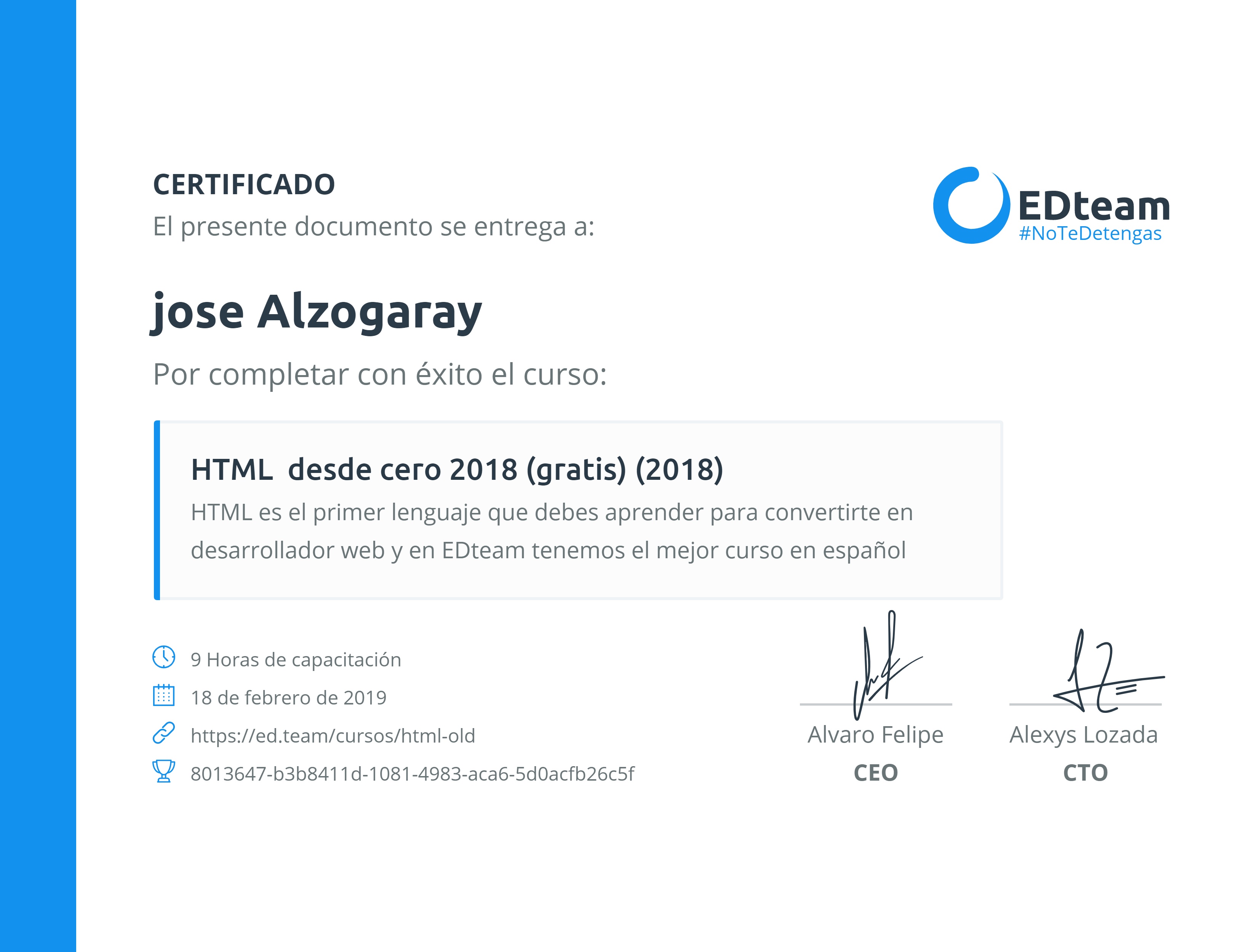 Certificado de jose Alzogaray del curso HTML desde cero 2018 (gratis) (2018)