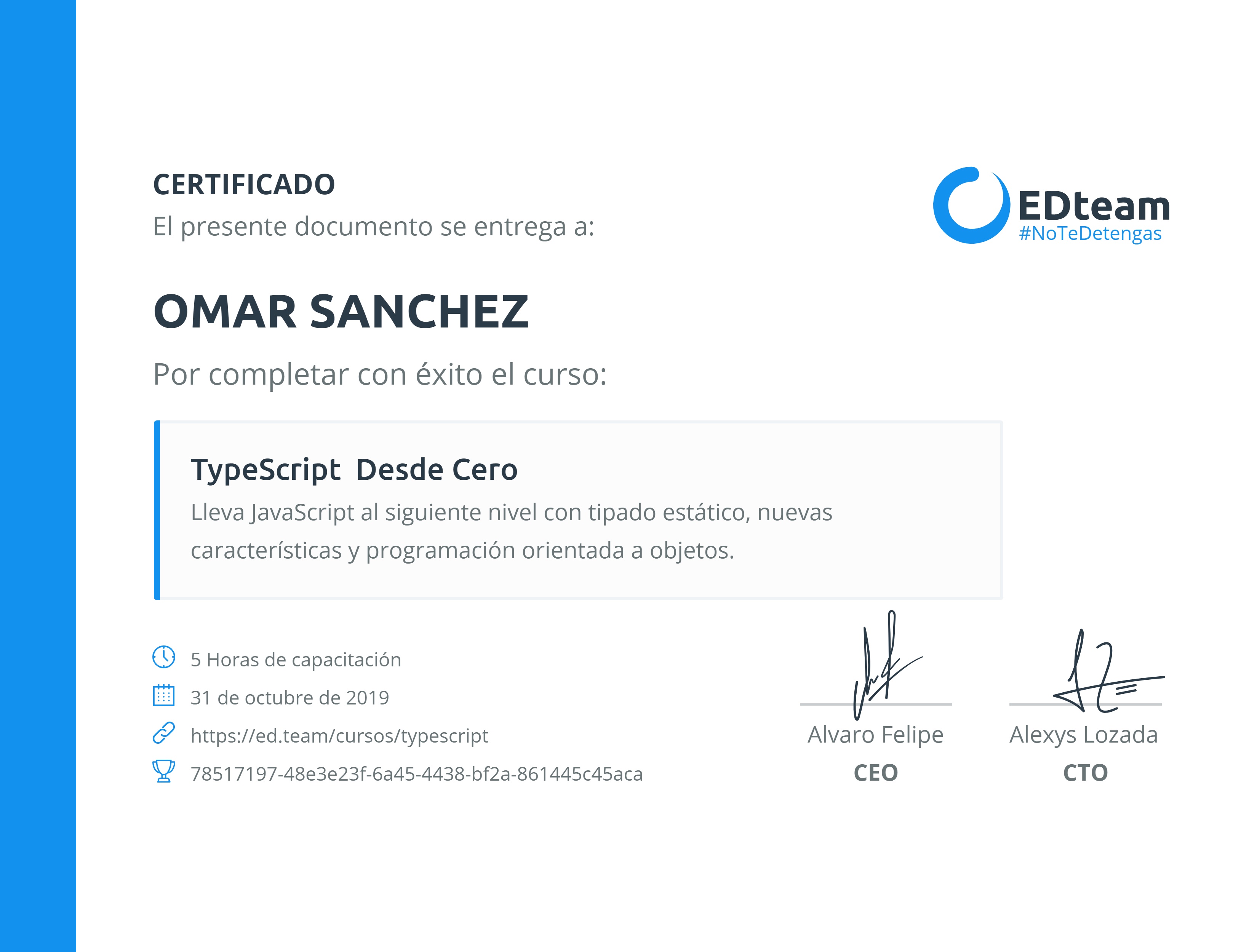 Certificado de Omar Sánchez del curso TypeScript Desde Cero