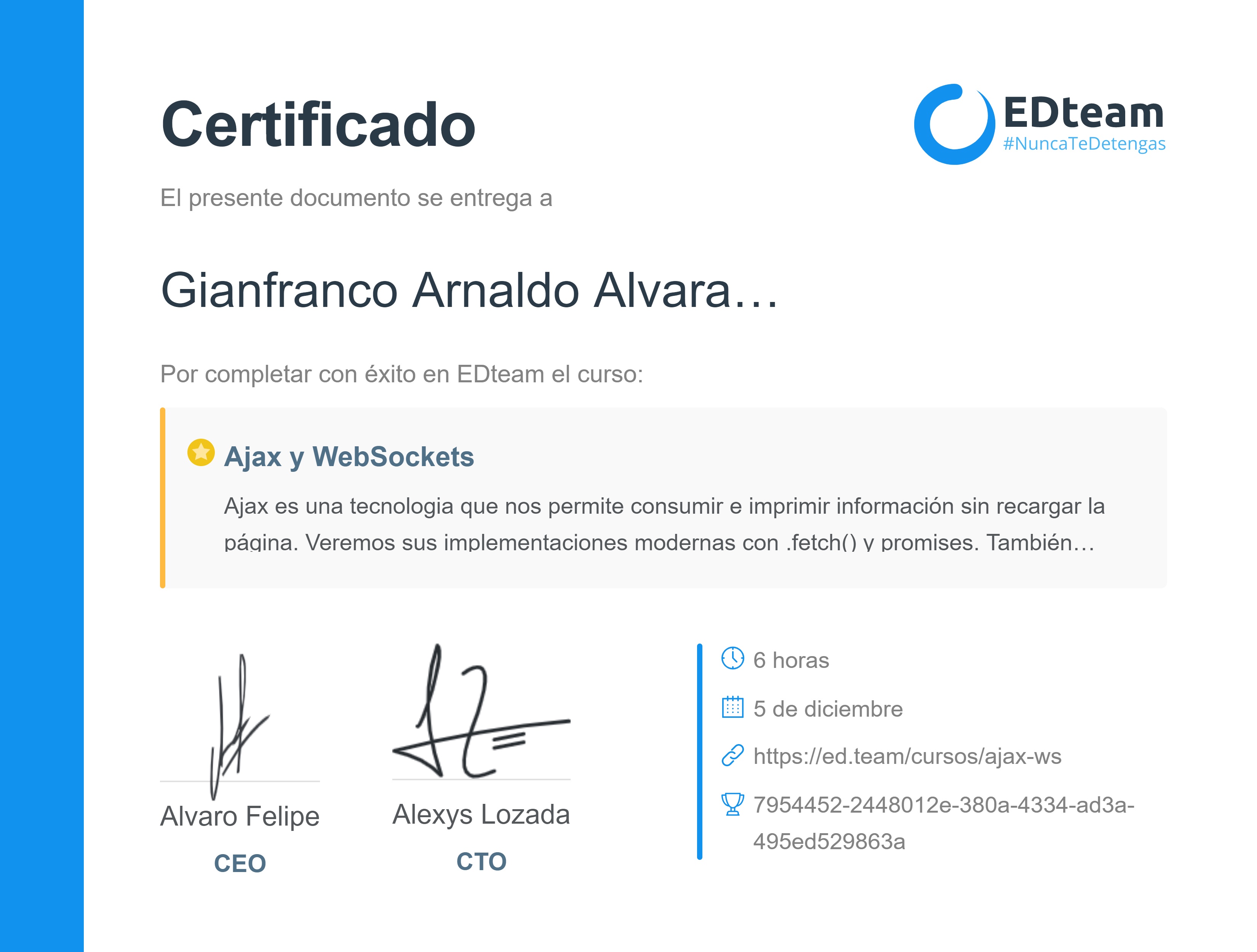 Certificado de Gianfranco Arnaldo Alvarado Torres del curso Ajax y WebSockets