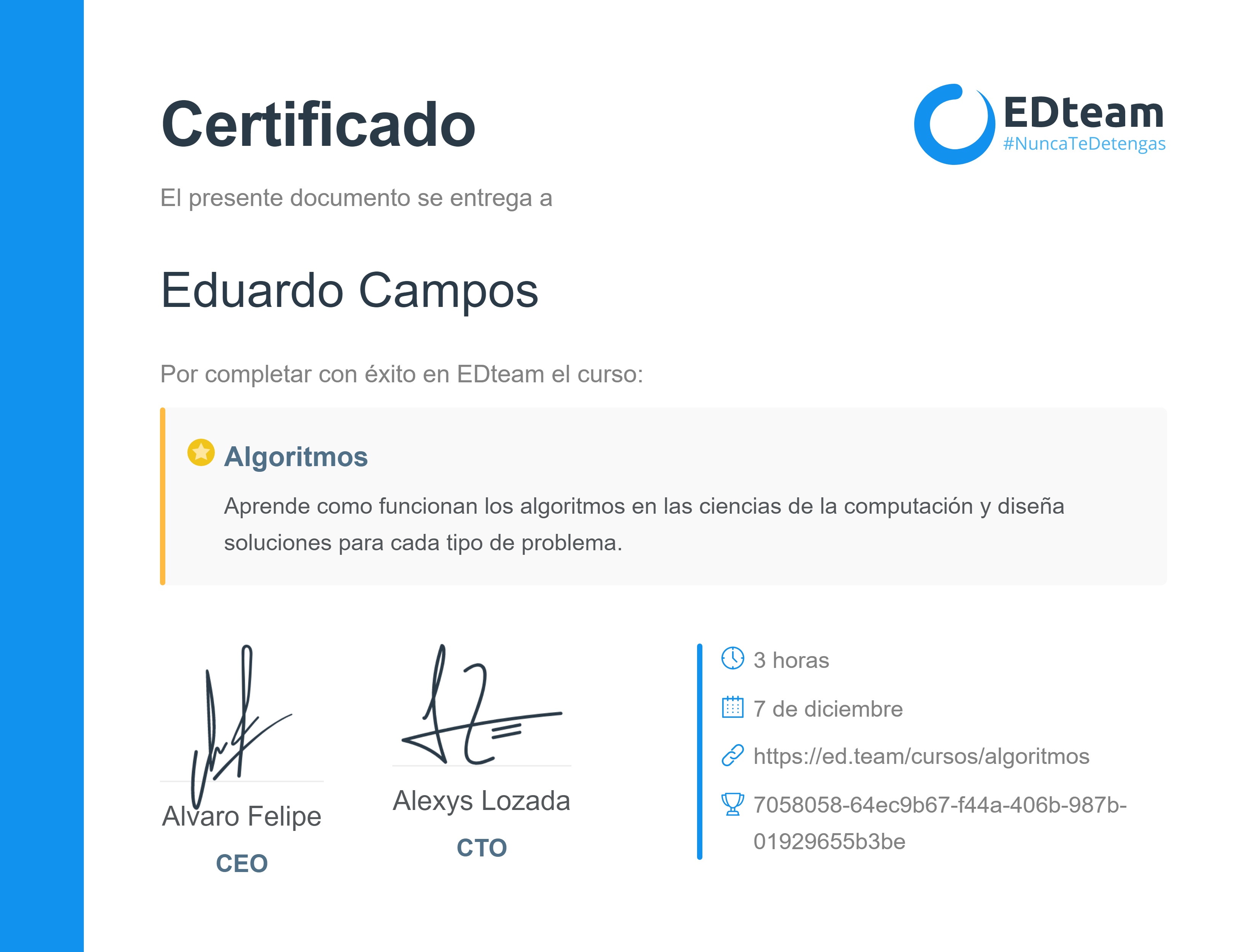 Certificado de Eduardo Campos del curso Algoritmos (2018)
