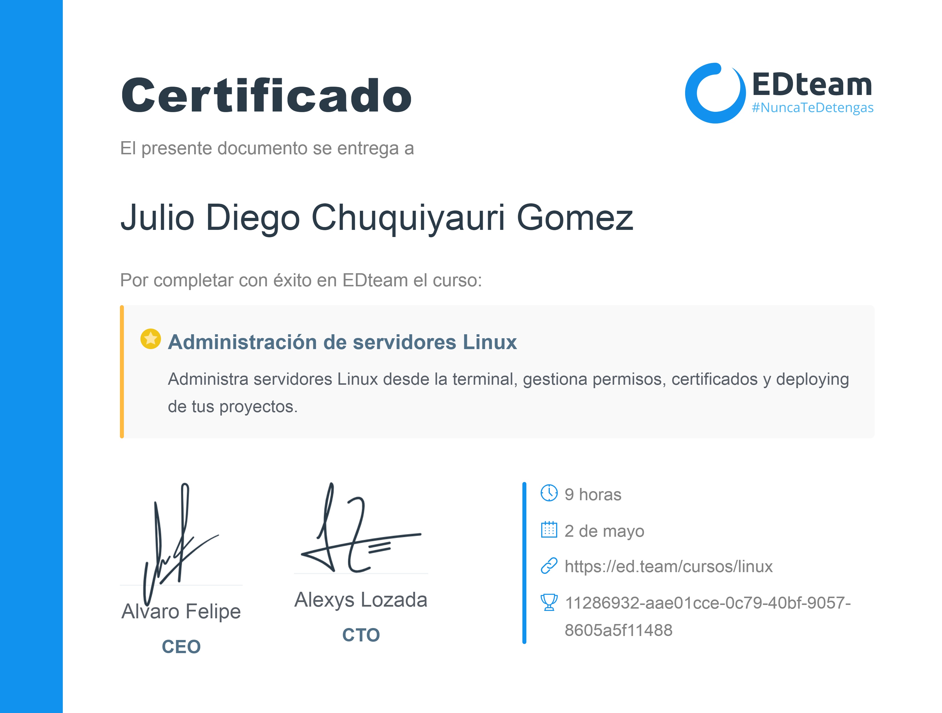 Certificado de Julio Diego Chuquiyauri Gomez del curso Administración de servidores Linux