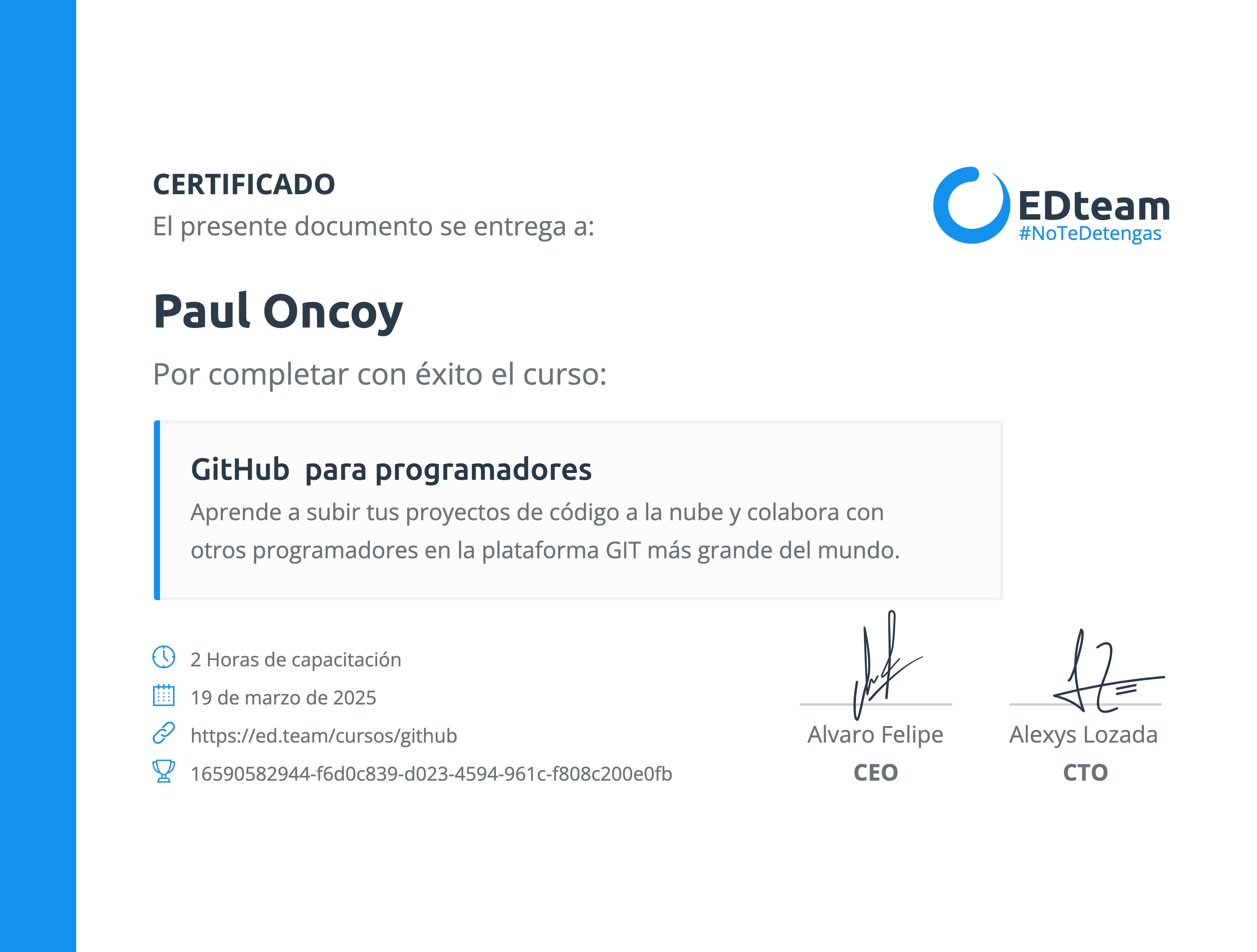 Certificado de Paul Oncoy del curso GitHub para programadores