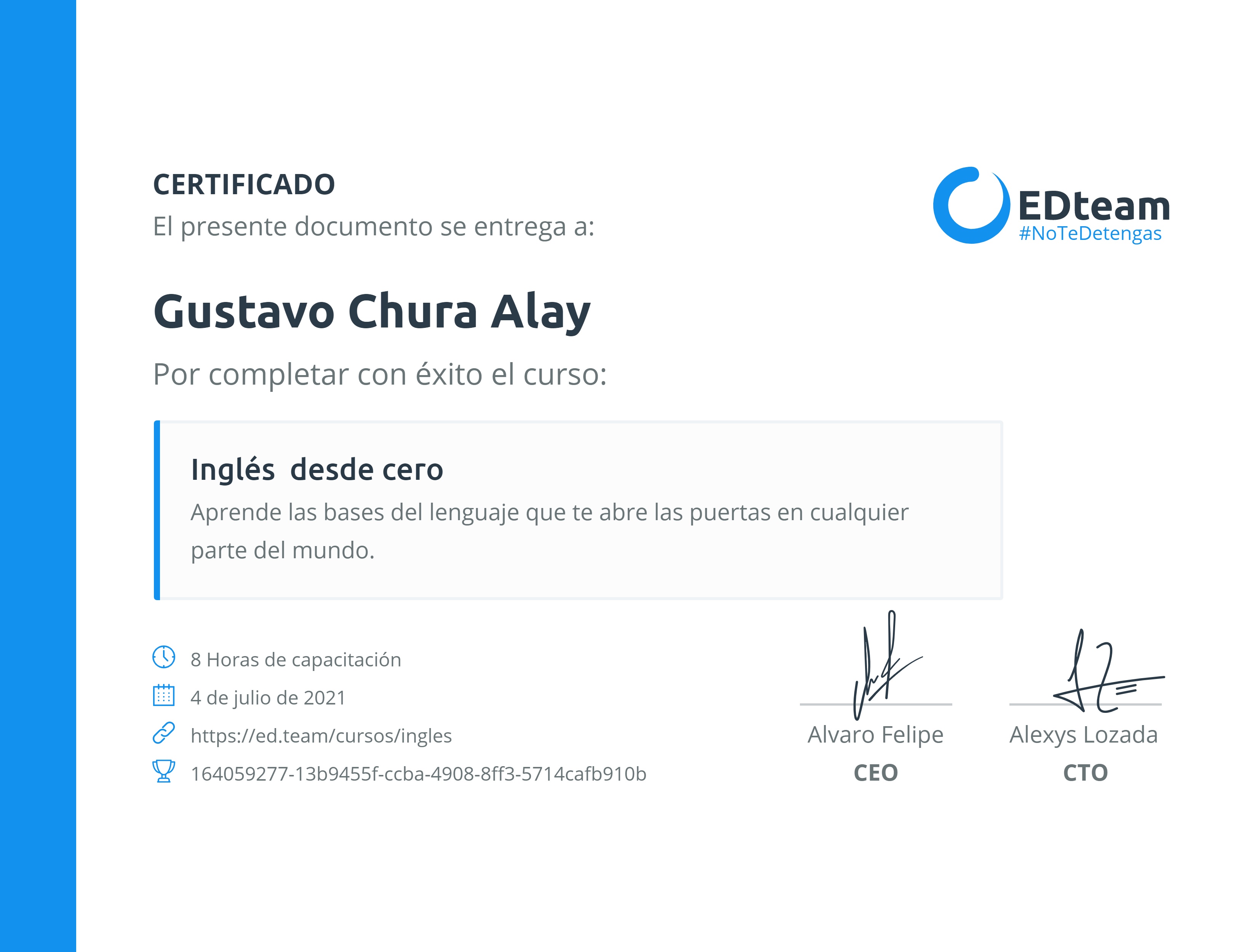 Certificado de Gustavo Chura Alay del curso Inglés desde cero