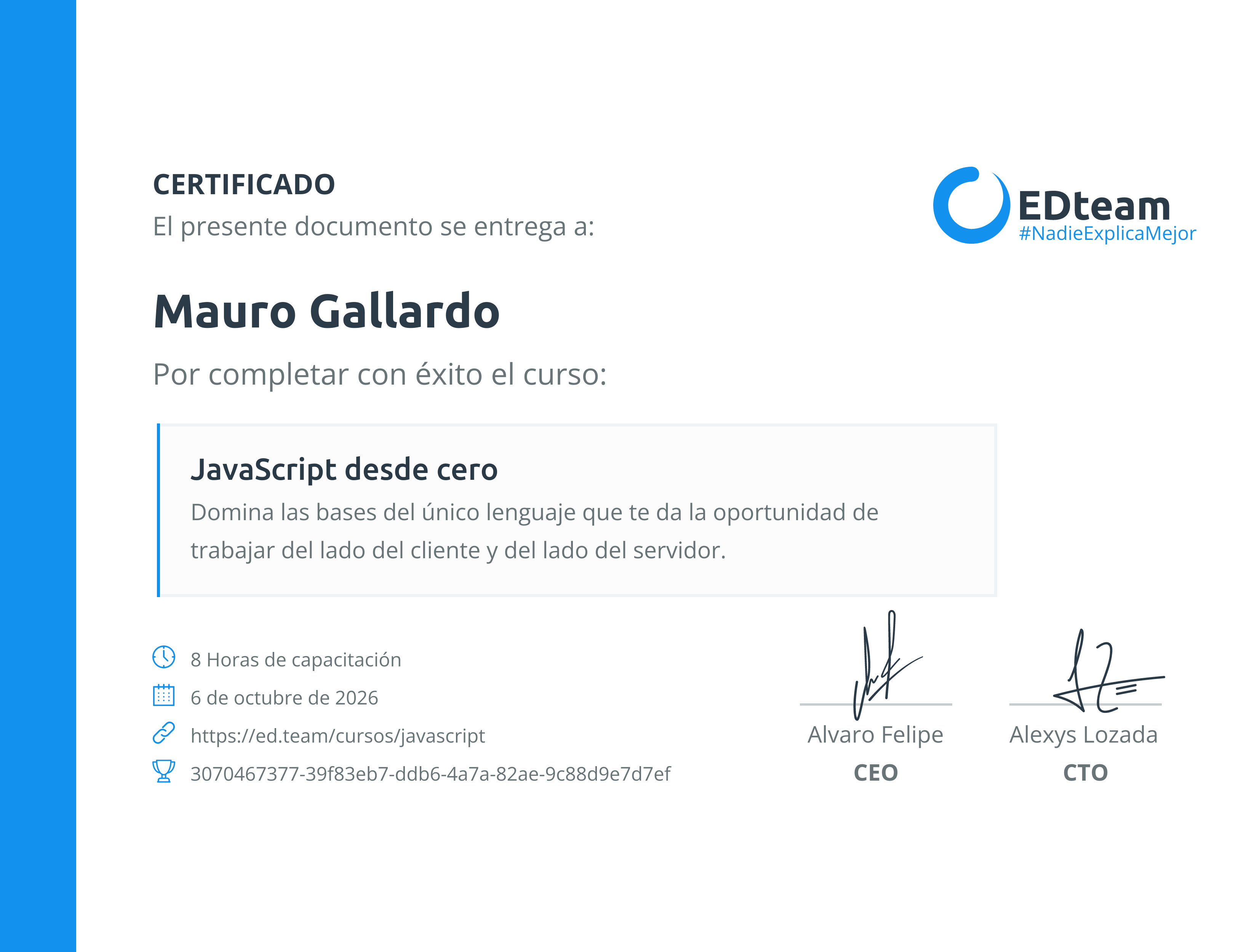 Certificado de Mauro Gallardo del curso JavaScript desde cero
