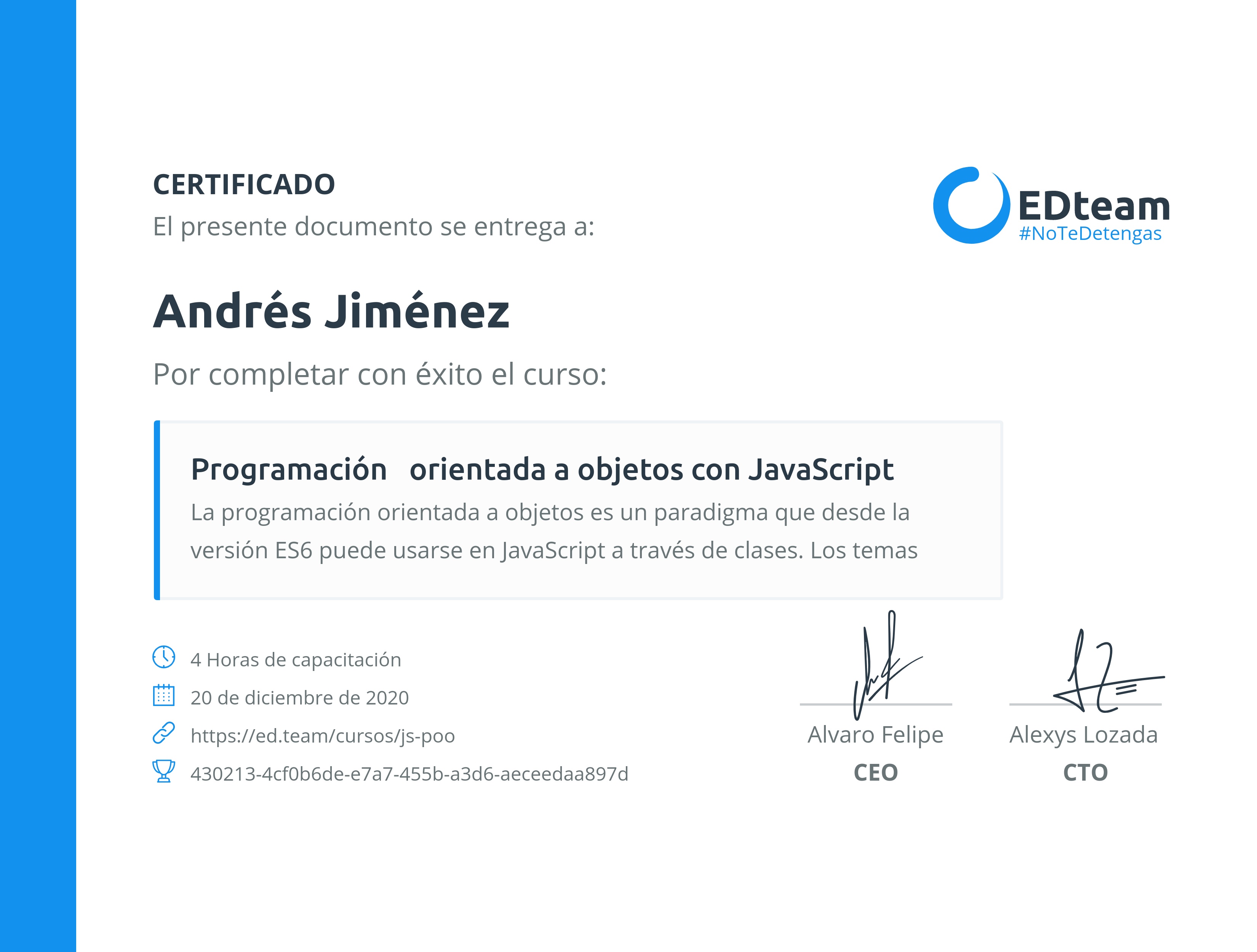 Certificado de Andrés Jiménez del curso Programación orientada a objetos con JavaScript