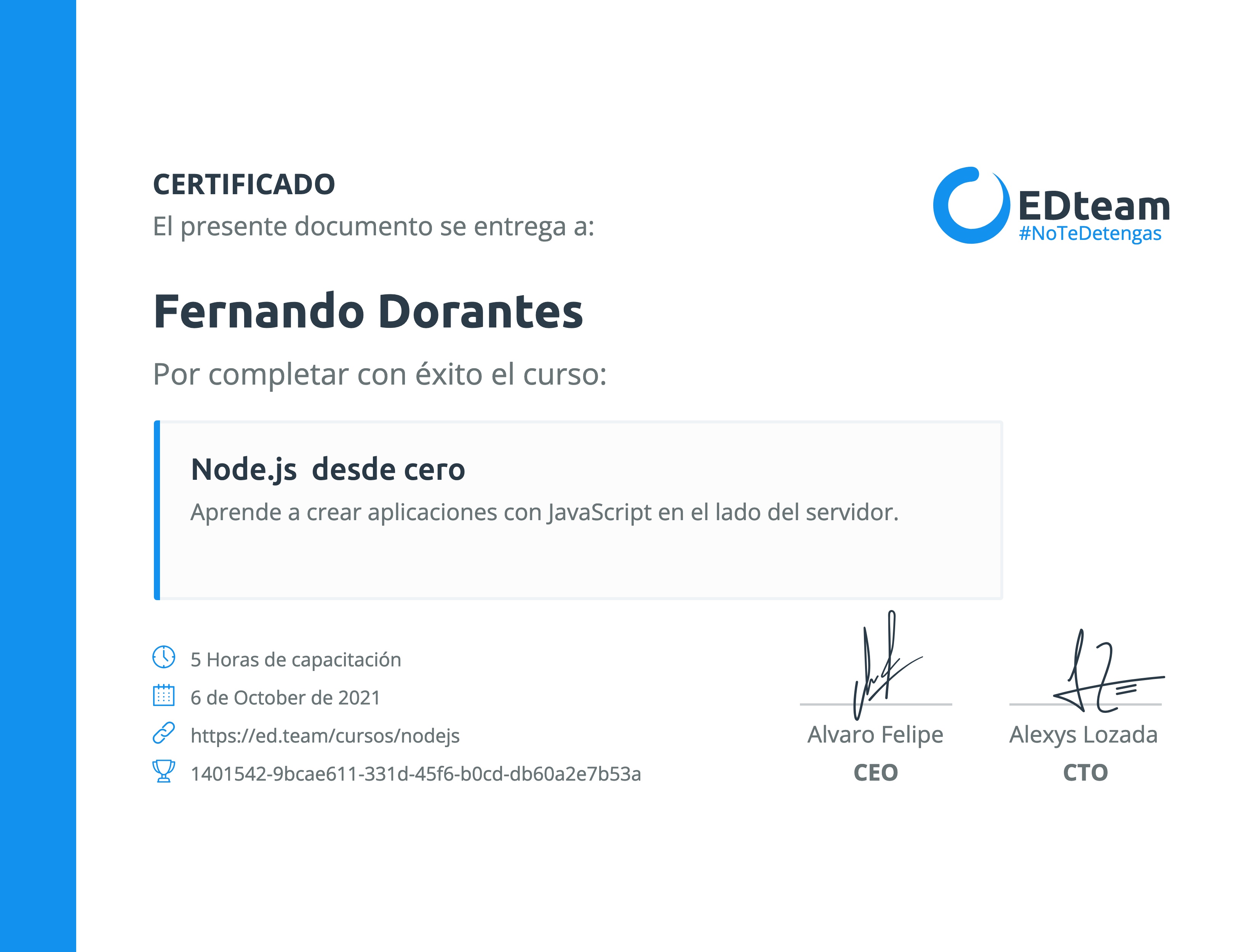 Certificado de Fernando Dorantes del curso Node.js desde cero