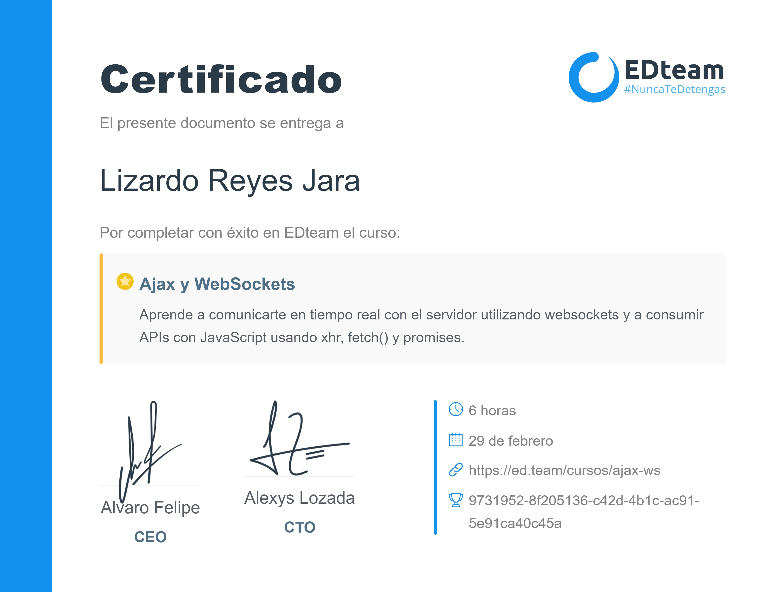 Certificado de Lizardo Reyes del curso Ajax y WebSockets