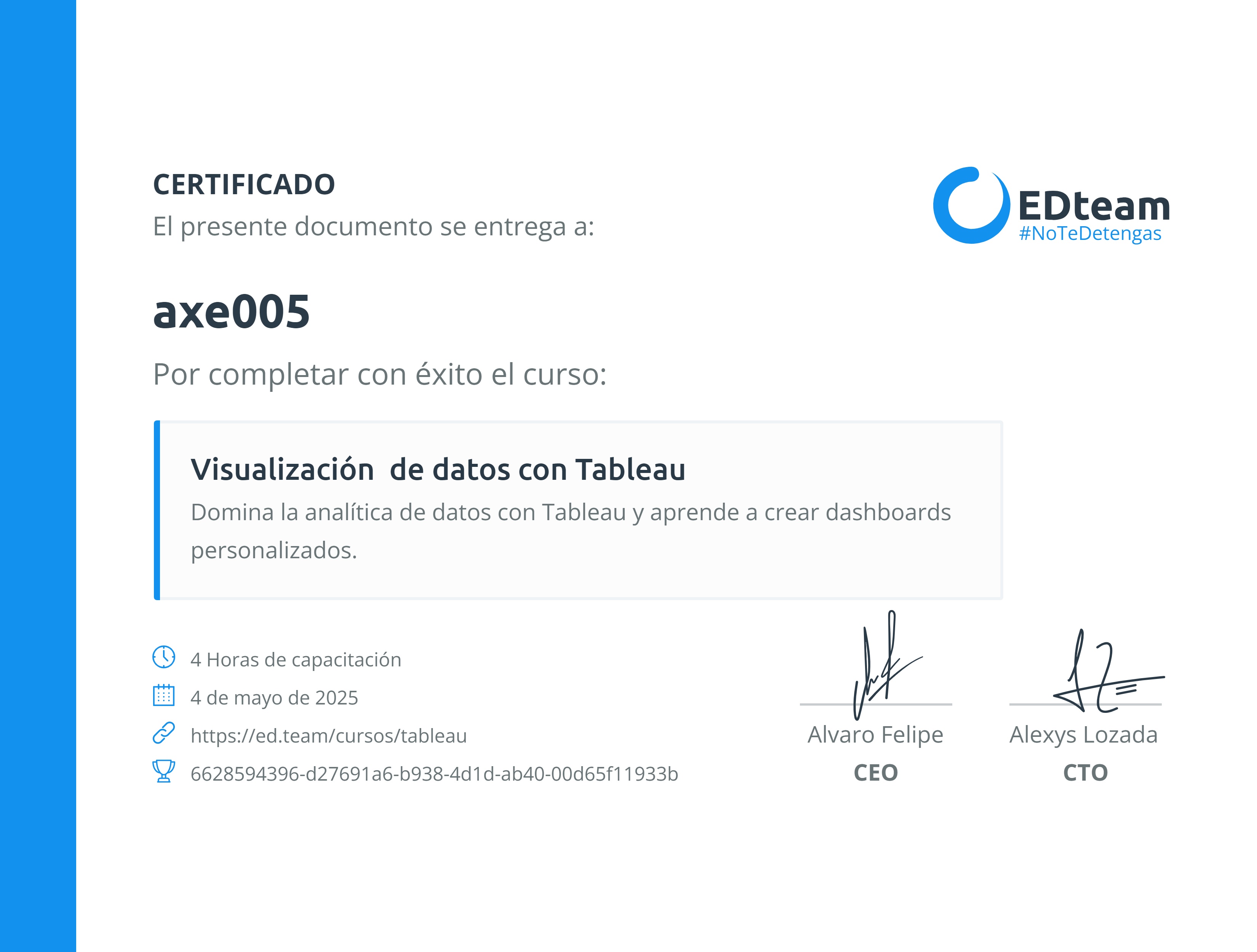 Certificado de axe005 del curso Visualización de datos con Tableau