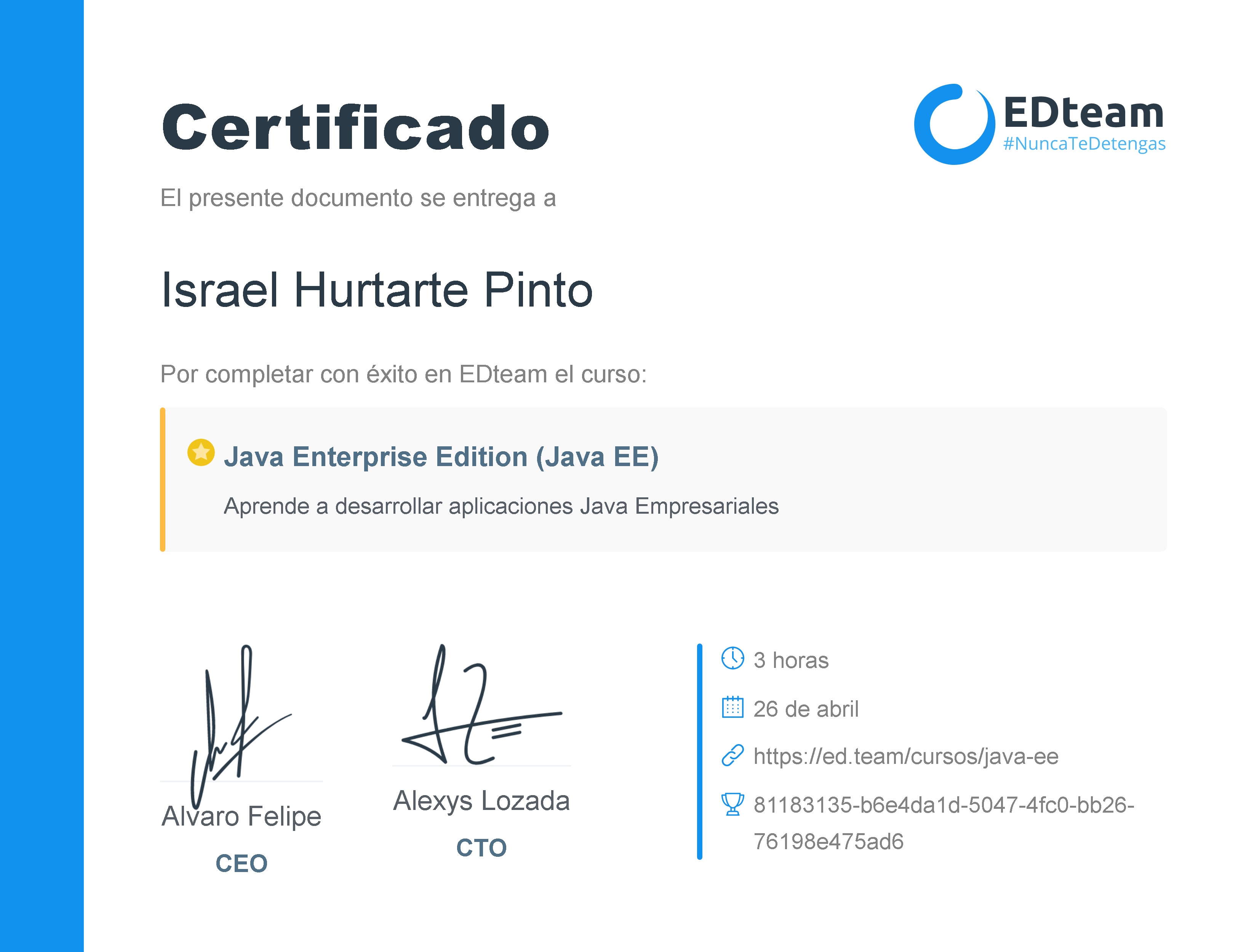 Certificado de Israel Hurtarte Pinto del curso Java Enterprise Edition (Java EE)