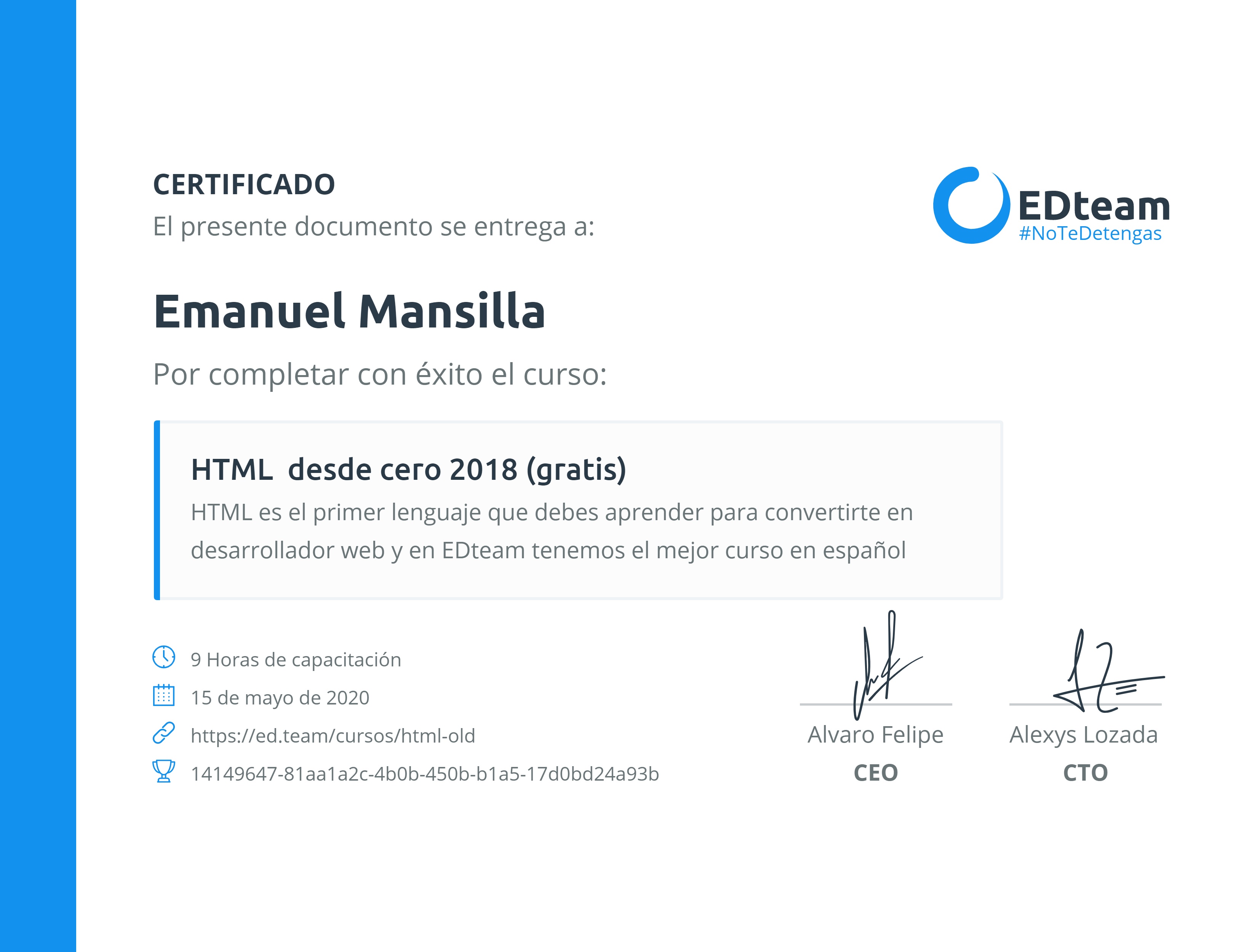Certificado de Emanuel Mansilla del curso HTML desde cero 2018 (gratis) (2018)