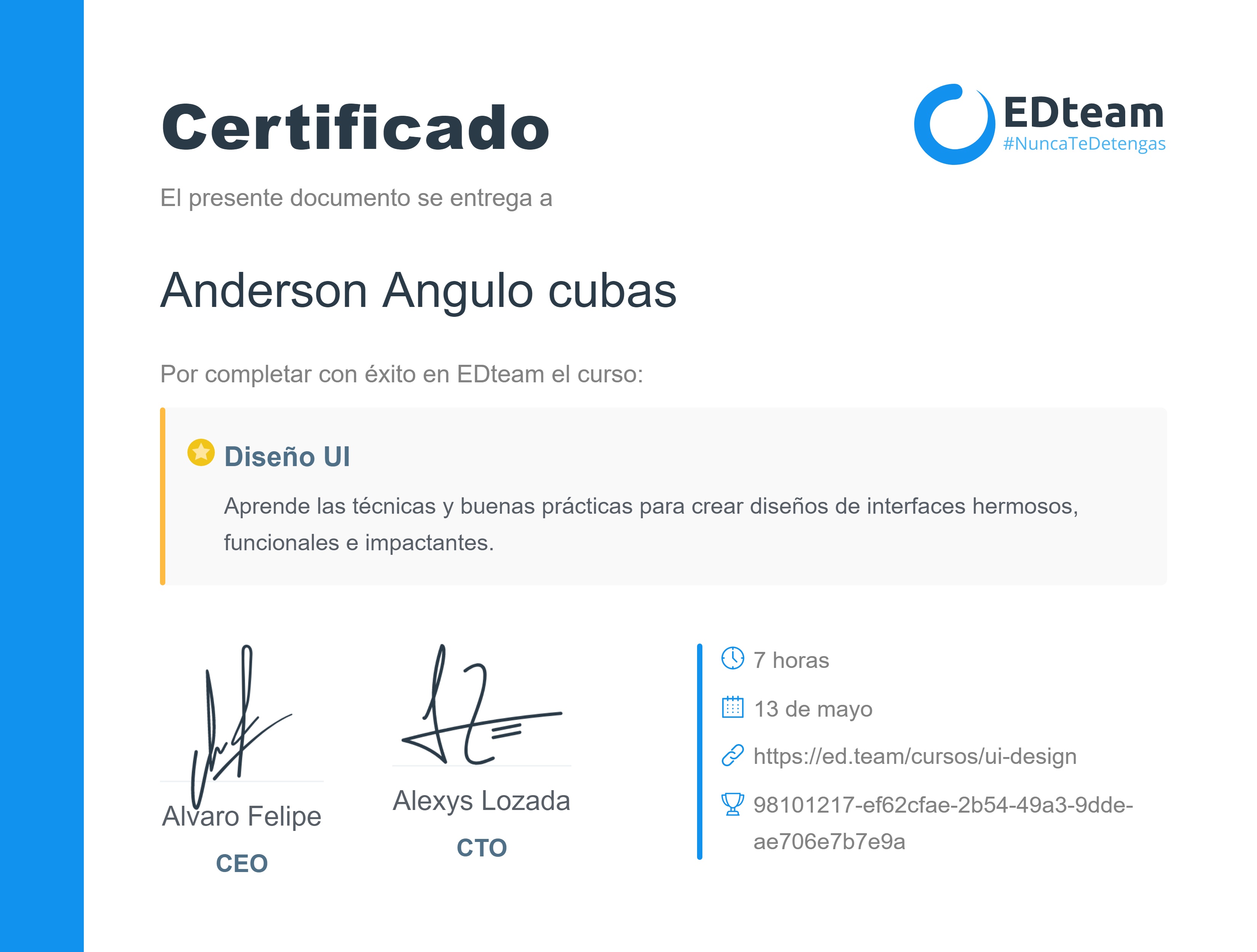 Certificado de Piero Angulo Cubas del curso Diseño UI