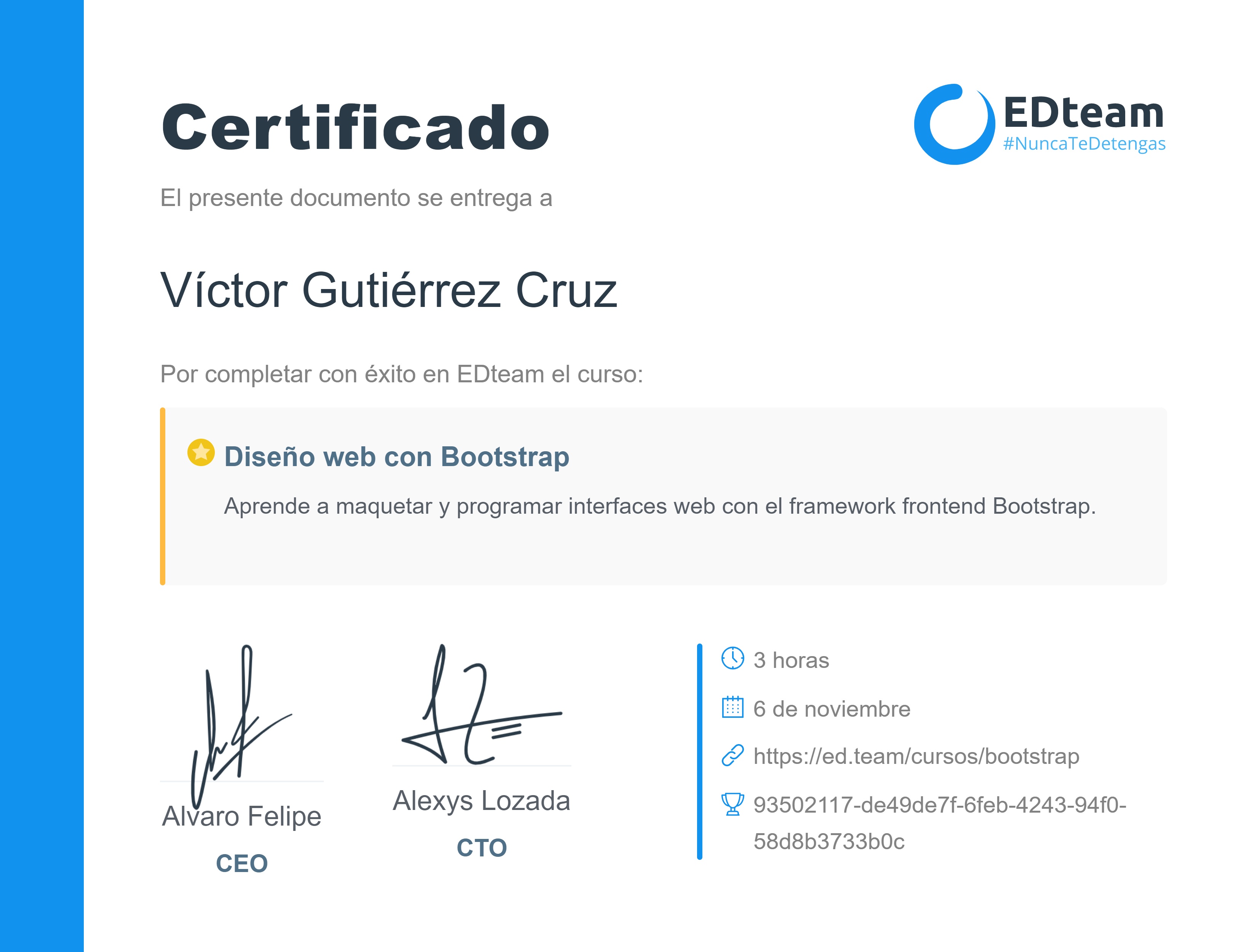 Certificado de Víctor Gutiérrez del curso Diseño web con Bootstrap (2018)