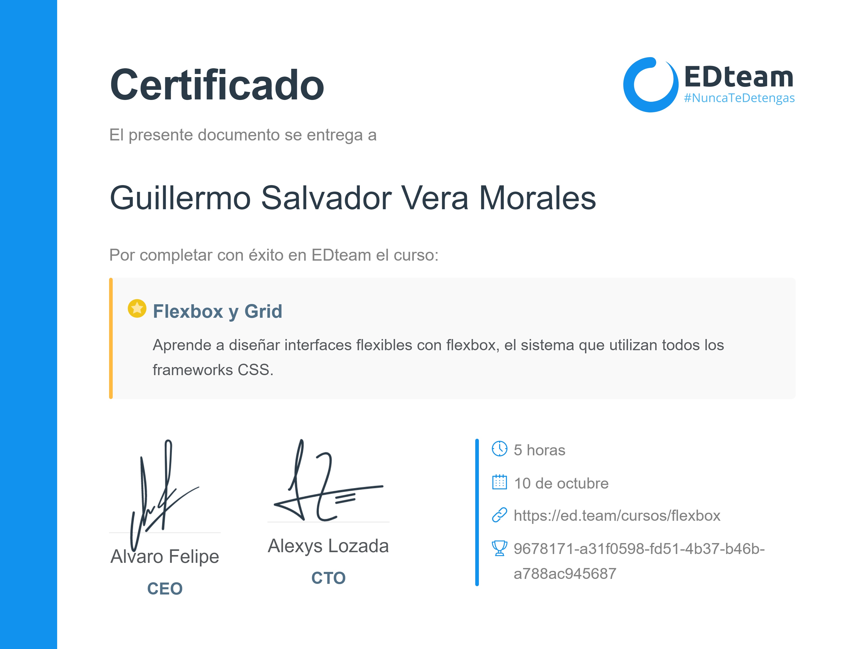 Certificado de Guillermo Salvador Vera Morales del curso Flexbox y Grid