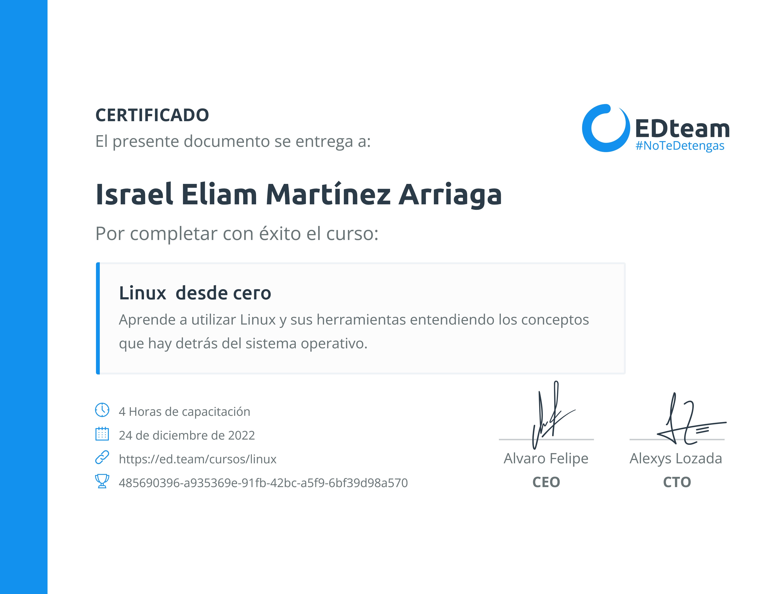 Certificado de Israel Eliam Martínez Arriaga del curso Linux desde cero