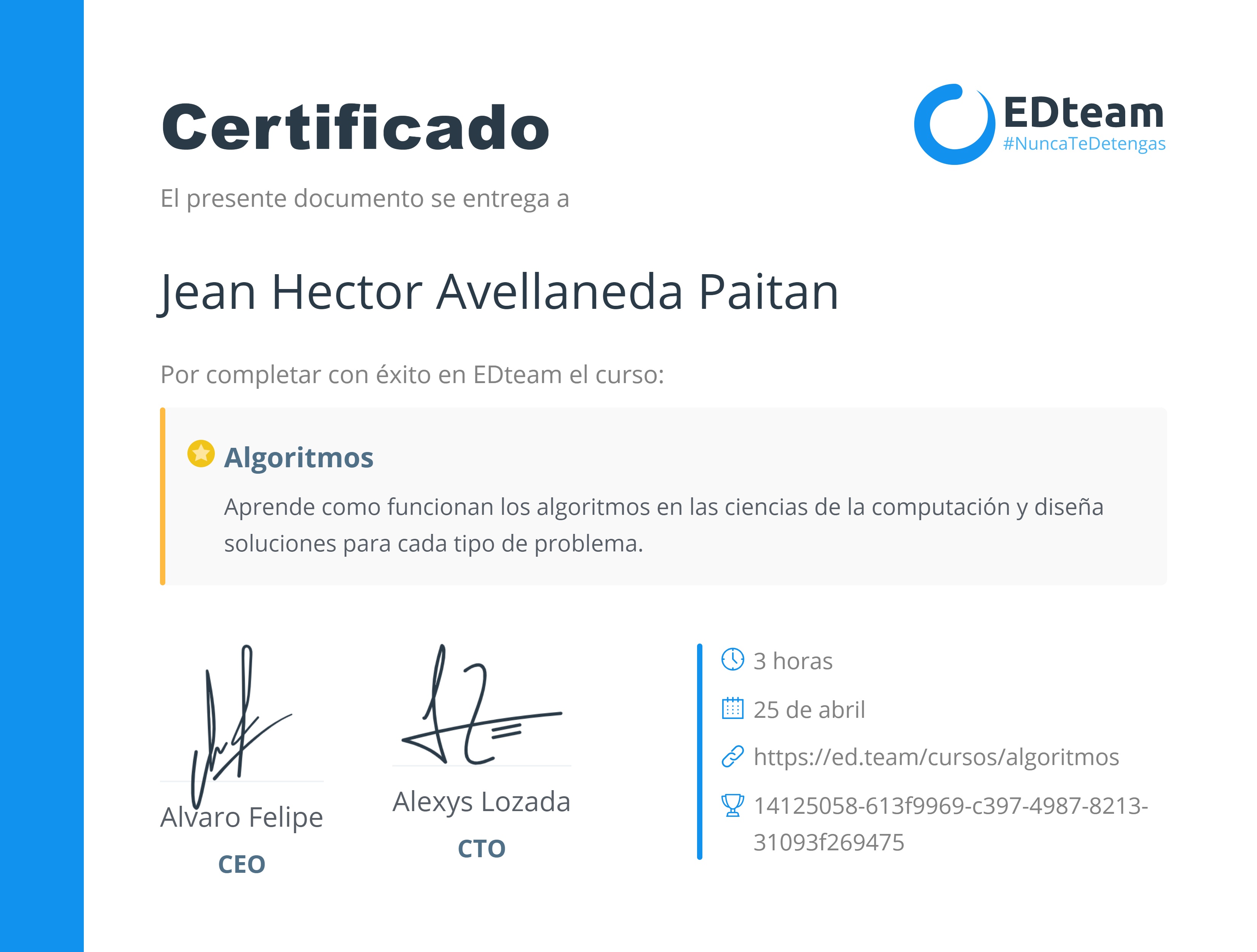 Certificado de Jean Hector Avellaneda Paitan del curso Algoritmos (2018)