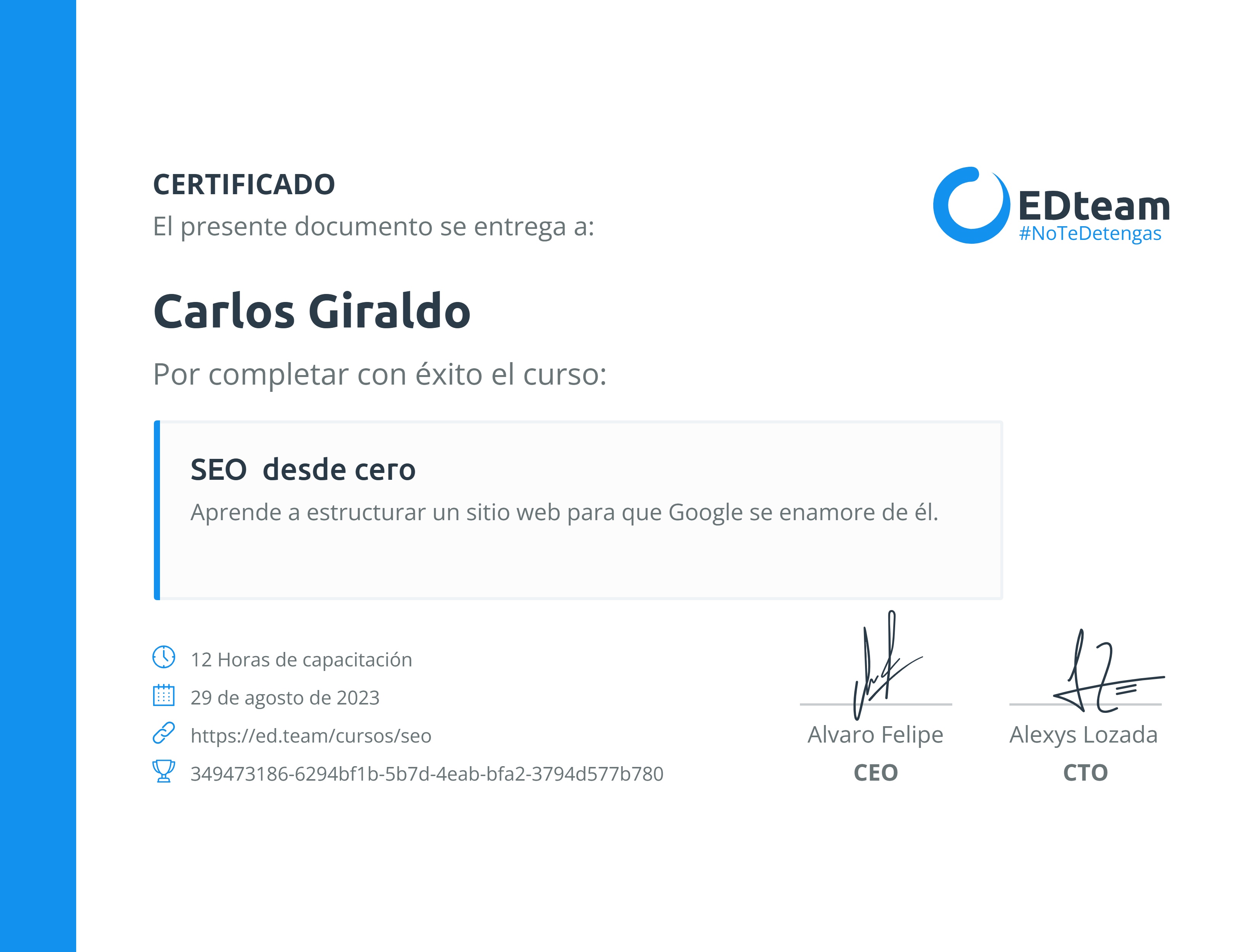 Certificado de Carlos Giraldo del curso SEO desde cero