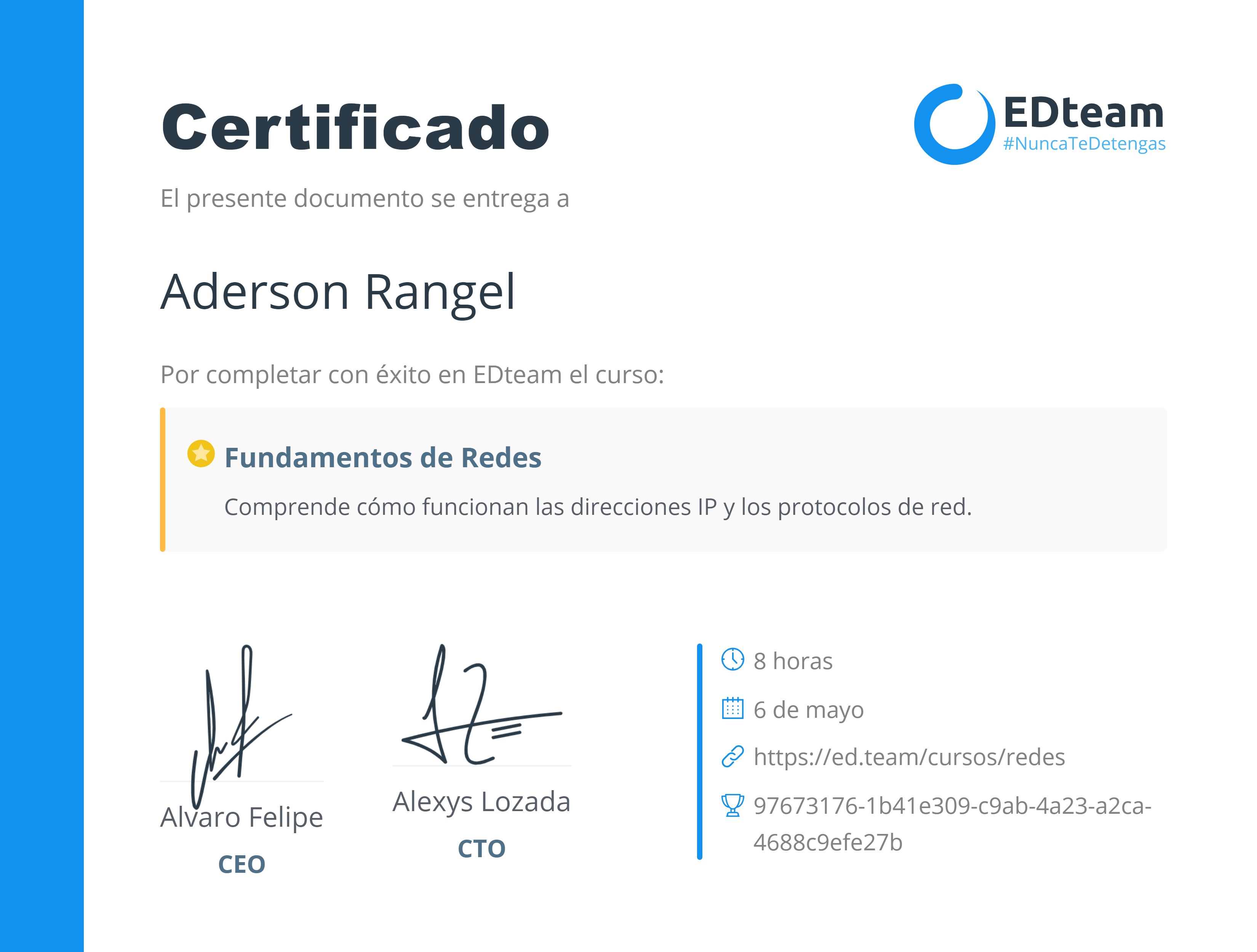 Certificado de Aderson Rangel del curso Fundamentos de Redes 2019
